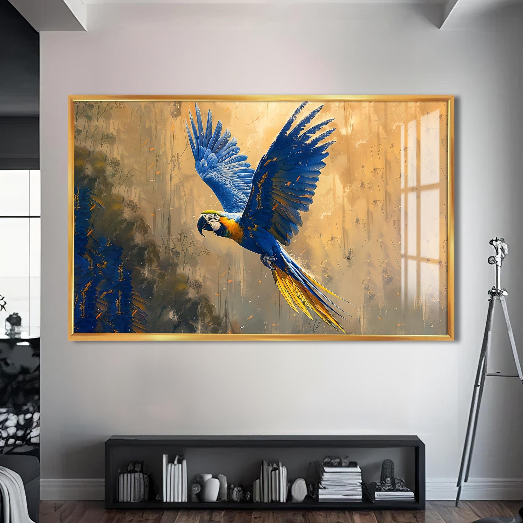 Artronauts Glass Print S | 72x46 cm | 28.3"x18.1" / Gold Blue Macaw in Flight – Animal Tempered Glass Wall Art