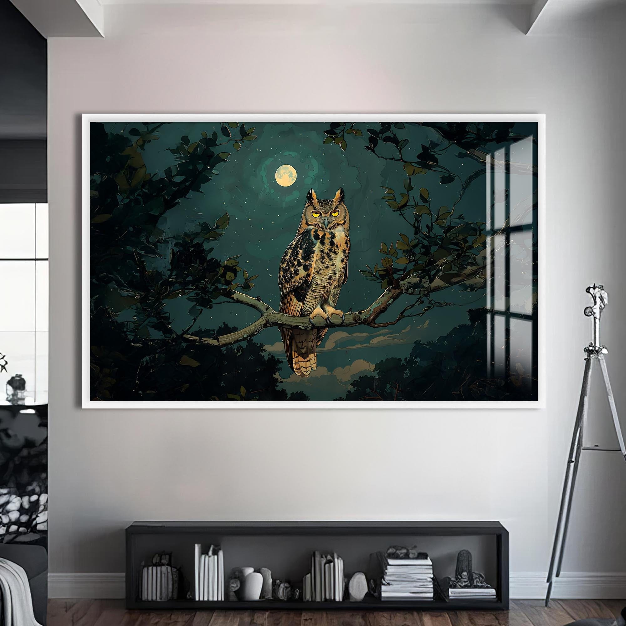Artronauts Glass Print S | 72x46 cm | 28.3"x18.1" / White Moonlit Owl – Animal Tempered Glass Wall Art