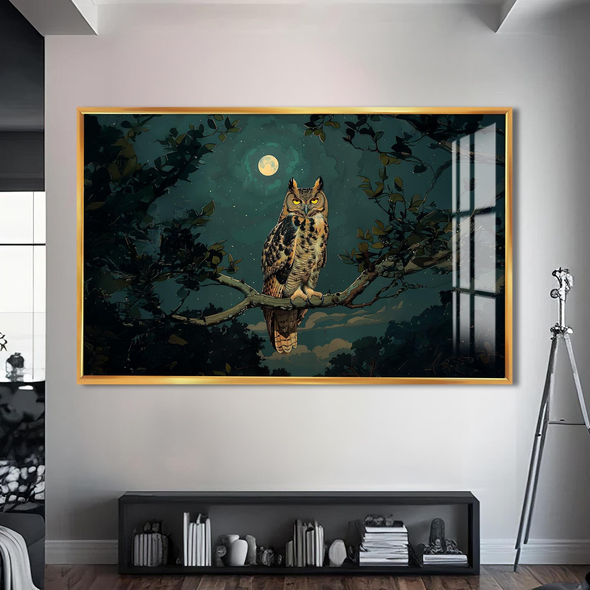 Artronauts Glass Print S | 72x46 cm | 28.3"x18.1" / Gold Moonlit Owl – Animal Tempered Glass Wall Art
