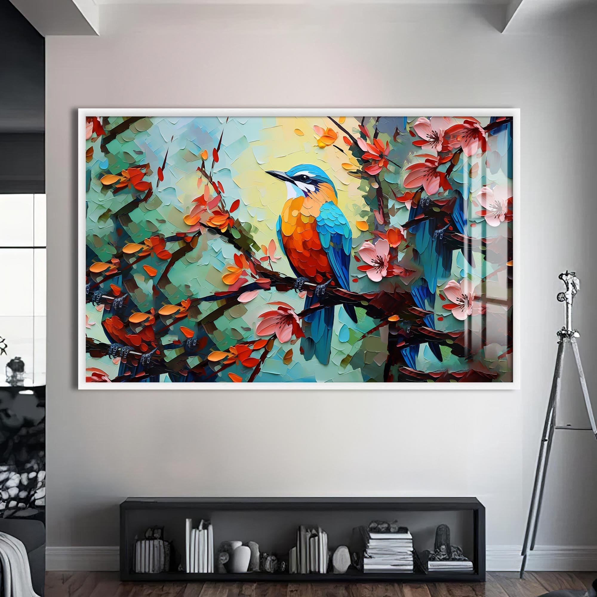 Artronauts Glass Print S | 72x46 cm | 28.3"x18.1" / White Colorful Spring Bird – Animal Tempered Glass Wall Art