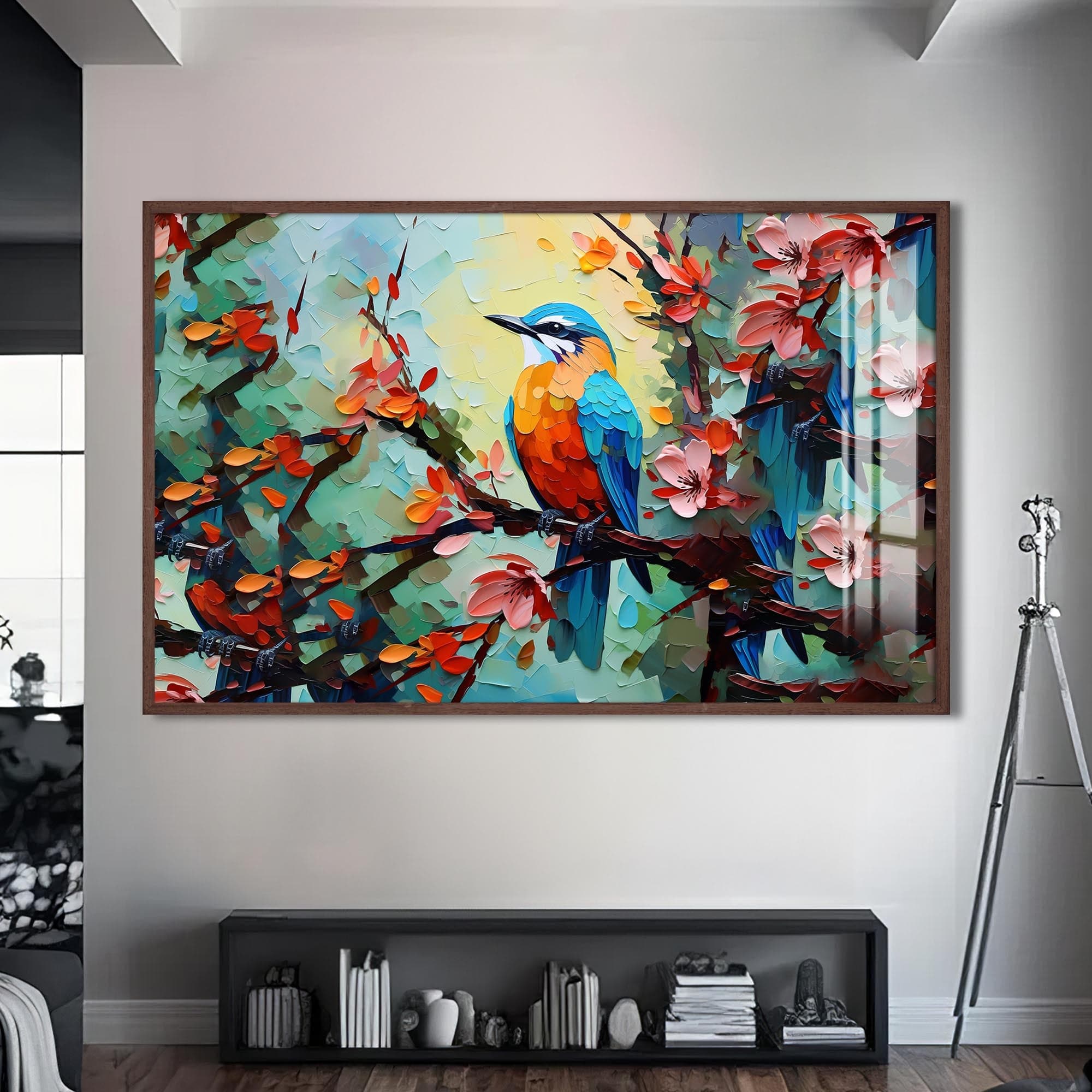 Artronauts Glass Print S | 72x46 cm | 28.3"x18.1" / Walnut Colorful Spring Bird – Animal Tempered Glass Wall Art