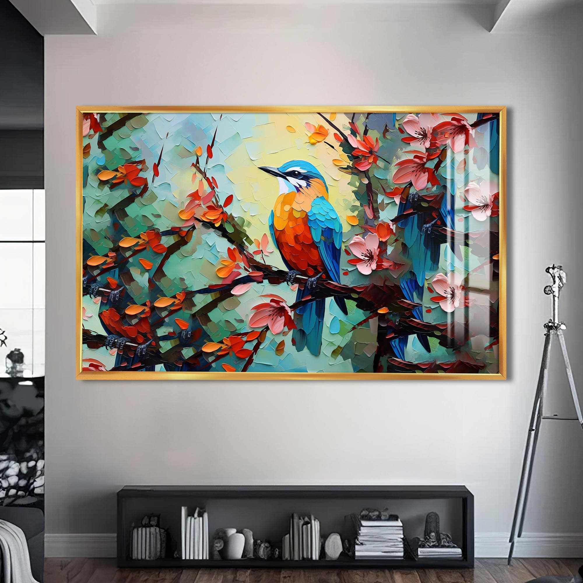 Artronauts Glass Print S | 72x46 cm | 28.3"x18.1" / Gold Colorful Spring Bird – Animal Tempered Glass Wall Art