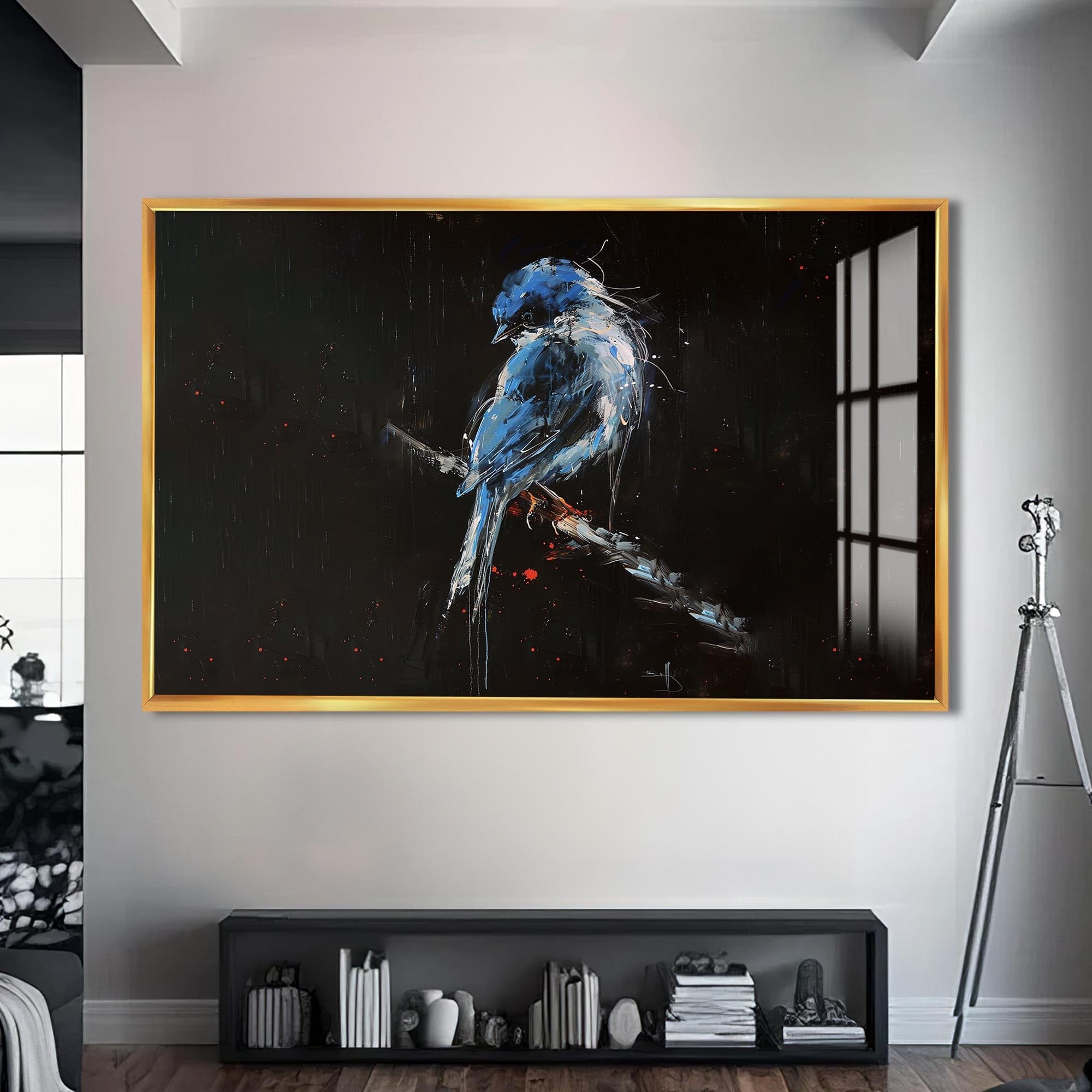 Artronauts Glass Print S | 72x46 cm | 28.3"x18.1" / Gold Blue Abstract Bird – Animal Tempered Glass Wall Art