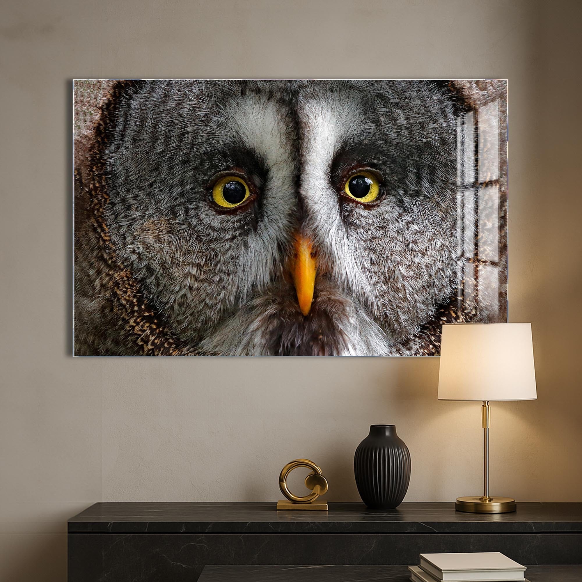 Artronauts Glass Print Grey Owl Portrait – Animal Tempered Glass Wall Art