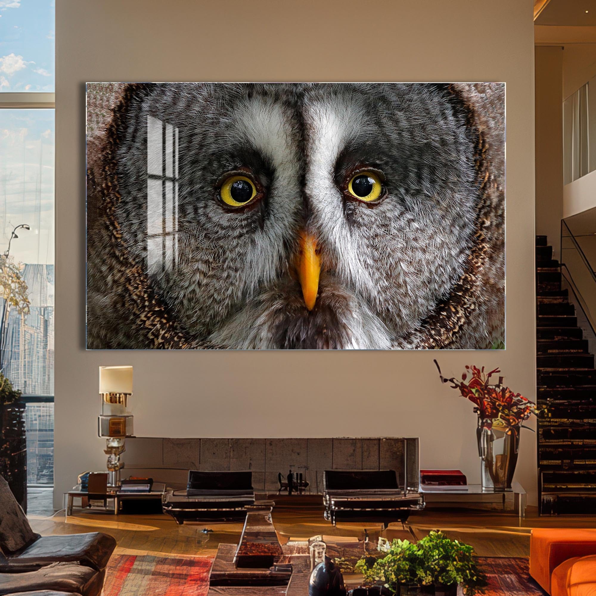 Artronauts Glass Print Grey Owl Portrait – Animal Tempered Glass Wall Art