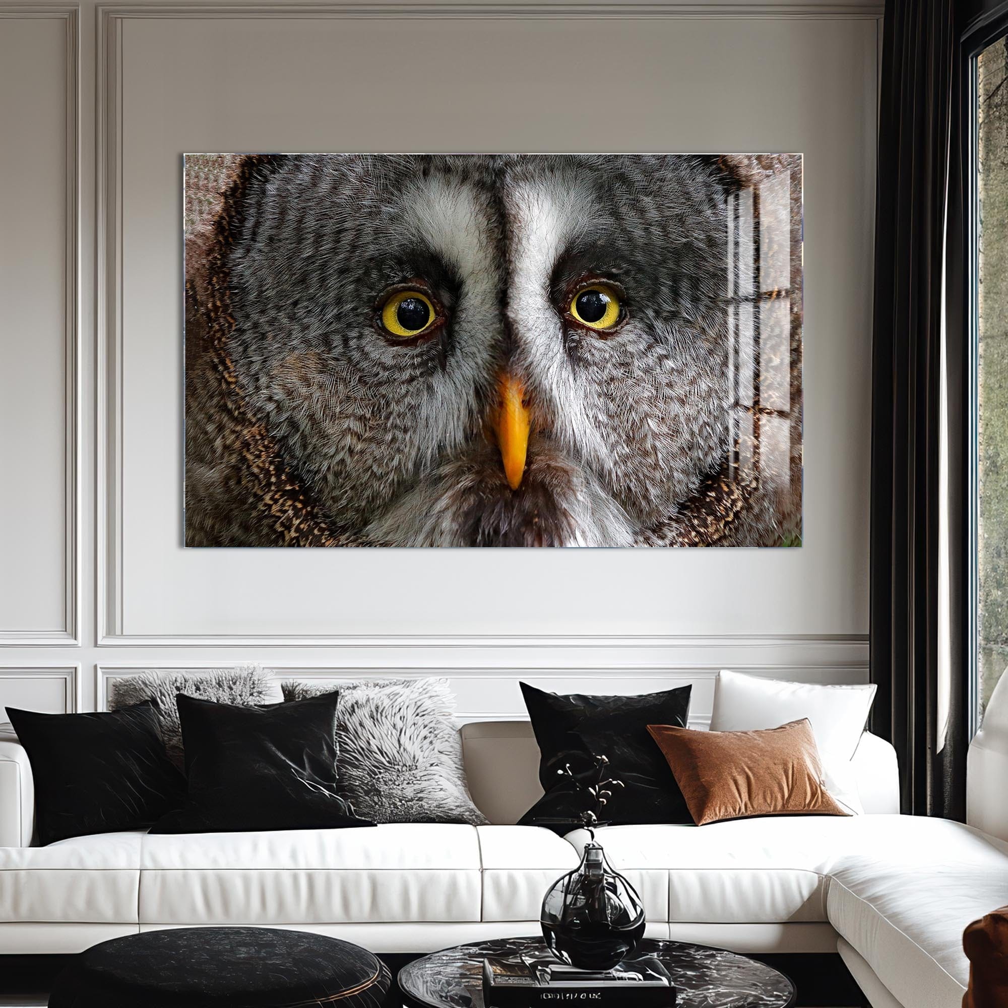 Artronauts Glass Print Grey Owl Portrait – Animal Tempered Glass Wall Art