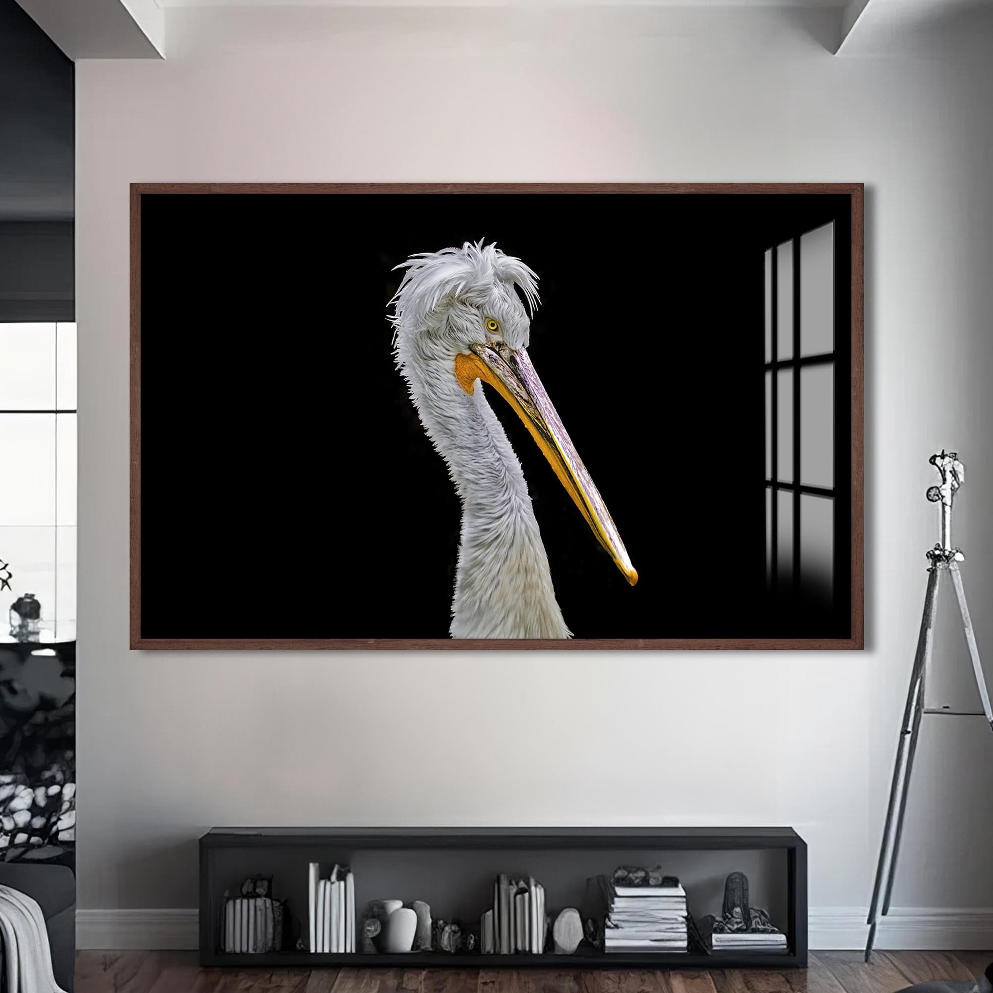 Artronauts Glass Print S | 72x46 cm | 28.3"x18.1" / Walnut Striking Pelican Portrait – Animal Tempered Glass Wall Art