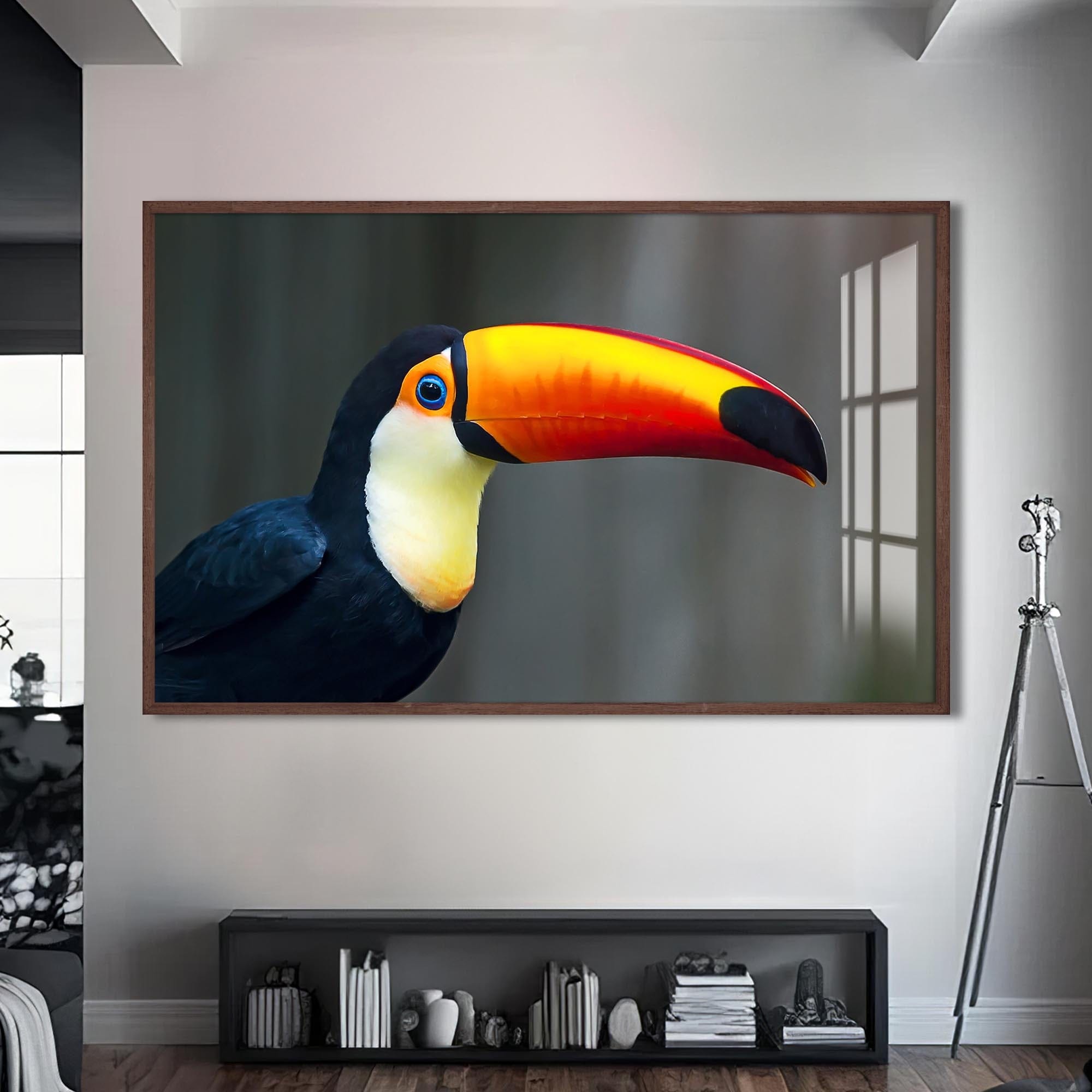 Artronauts Glass Print S | 72x46 cm | 28.3"x18.1" / Walnut Toucan Splash – Animal Tempered Glass Wall Art