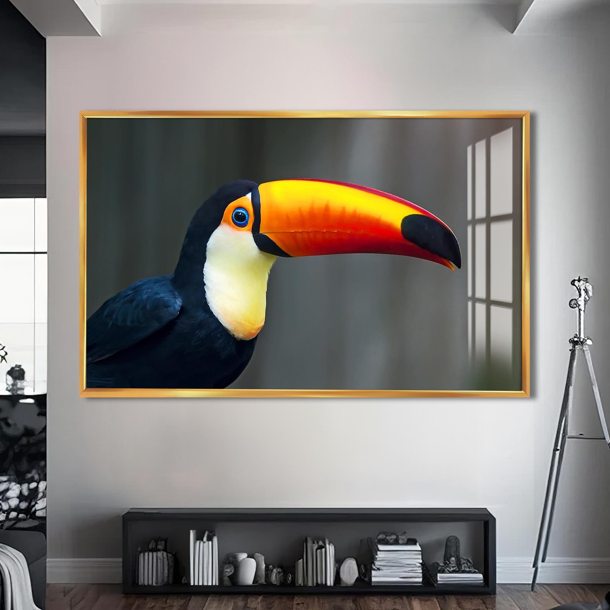Artronauts Glass Print S | 72x46 cm | 28.3"x18.1" / Gold Toucan Splash – Animal Tempered Glass Wall Art