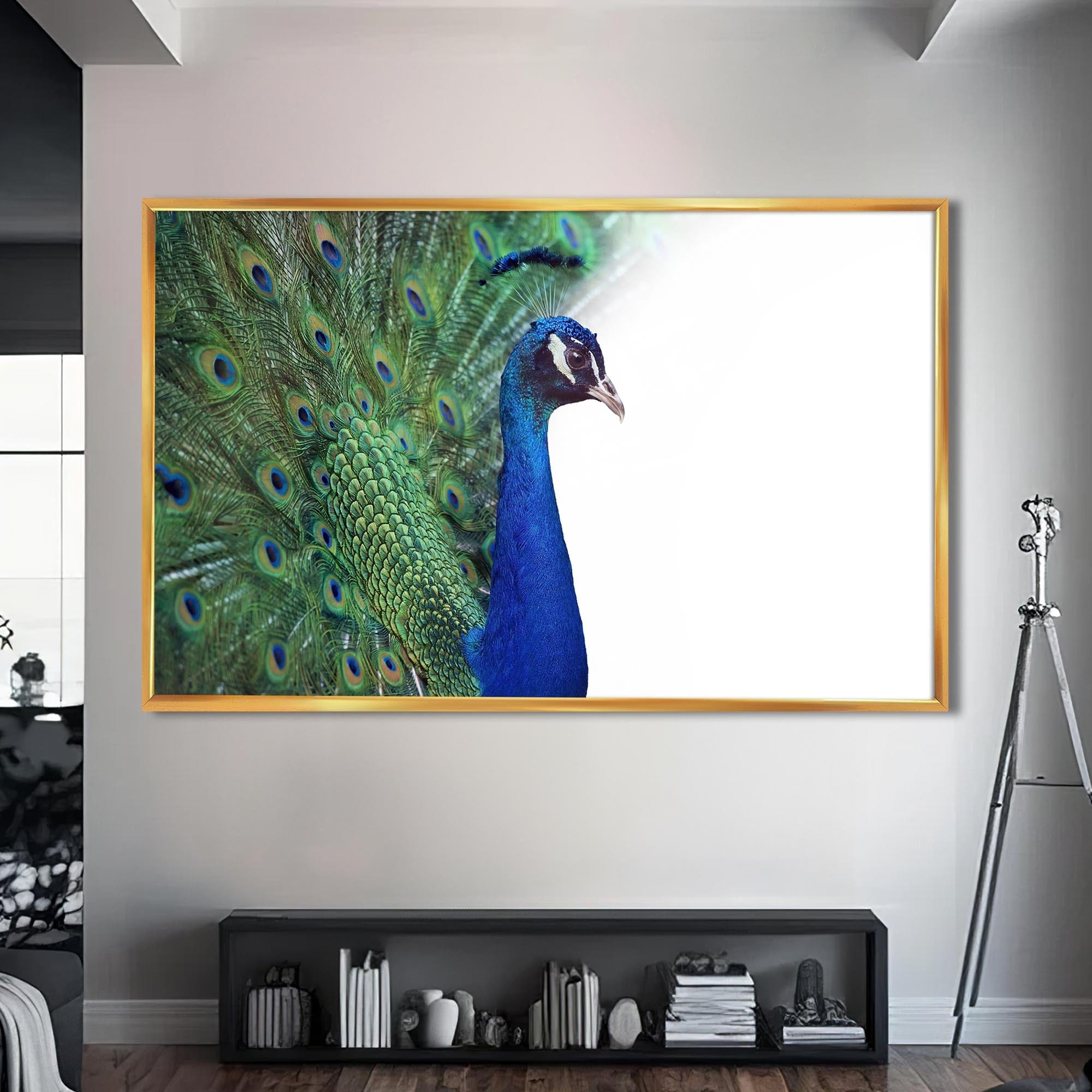 Artronauts Glass Print S | 72x46 cm | 28.3"x18.1" / Gold White Peacock Elegance – Animal Tempered Glass Wall Art