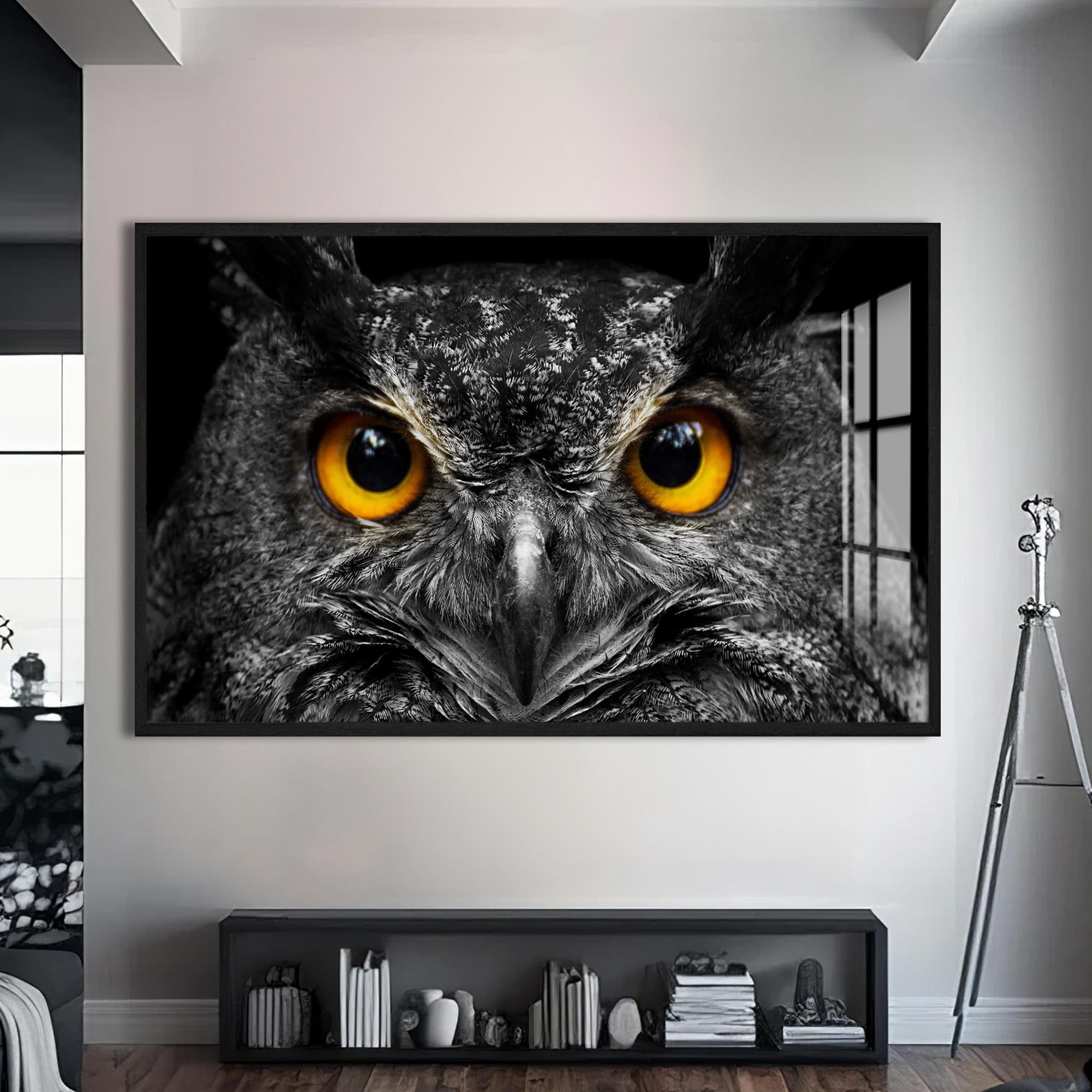 Artronauts Glass Print S | 72x46 cm | 28.3"x18.1" / Black Owl Gaze – Animal Tempered Glass Wall Art