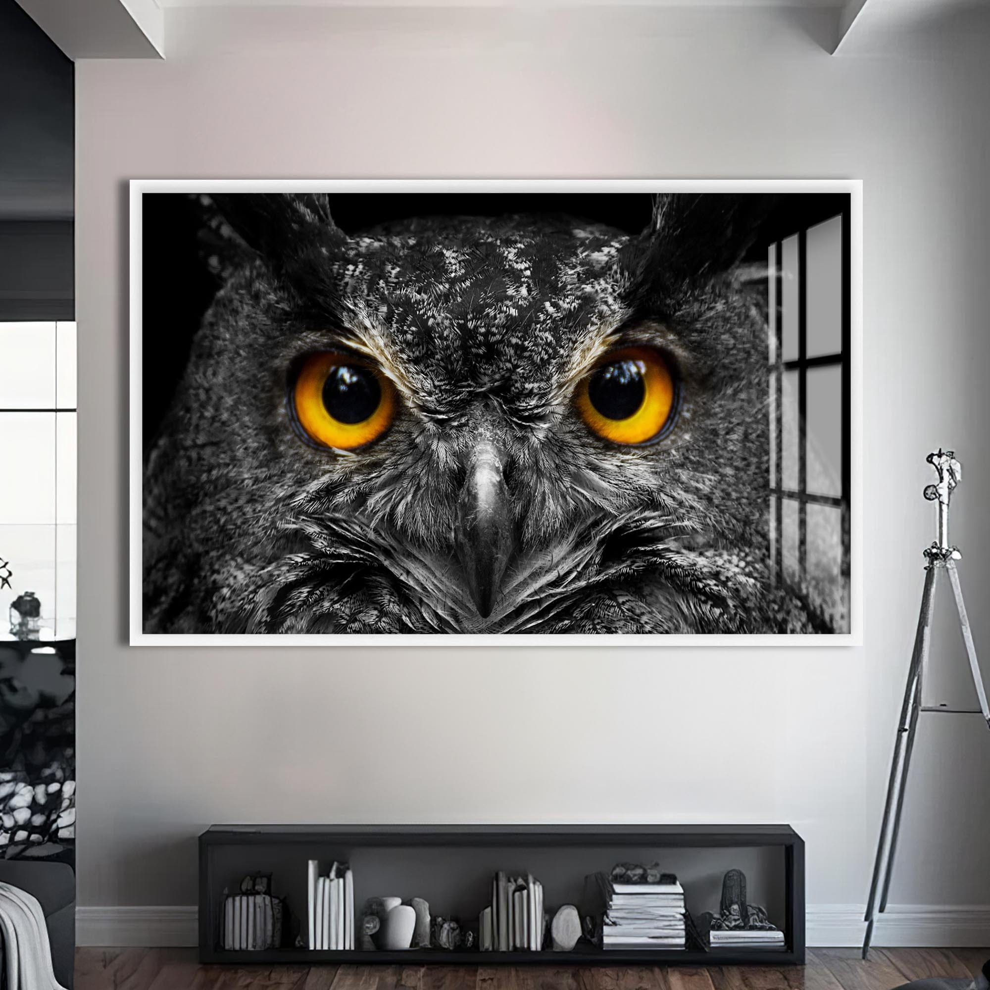 Artronauts Glass Print S | 72x46 cm | 28.3"x18.1" / White Owl Gaze – Animal Tempered Glass Wall Art