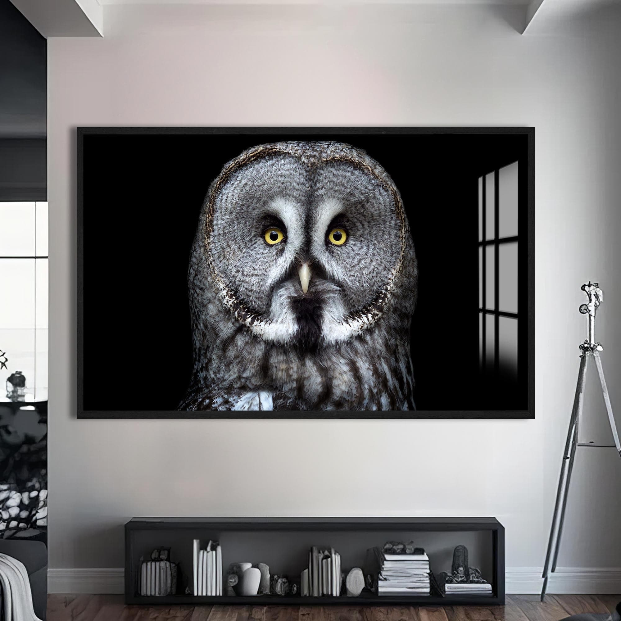Artronauts Glass Print S | 72x46 cm | 28.3"x18.1" / Black Grey Owl Close-Up – Animal Tempered Glass Wall Art