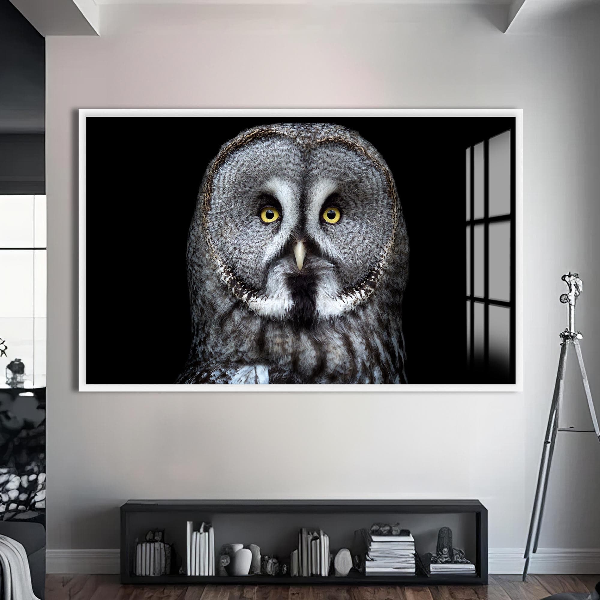 Artronauts Glass Print S | 72x46 cm | 28.3"x18.1" / White Grey Owl Close-Up – Animal Tempered Glass Wall Art