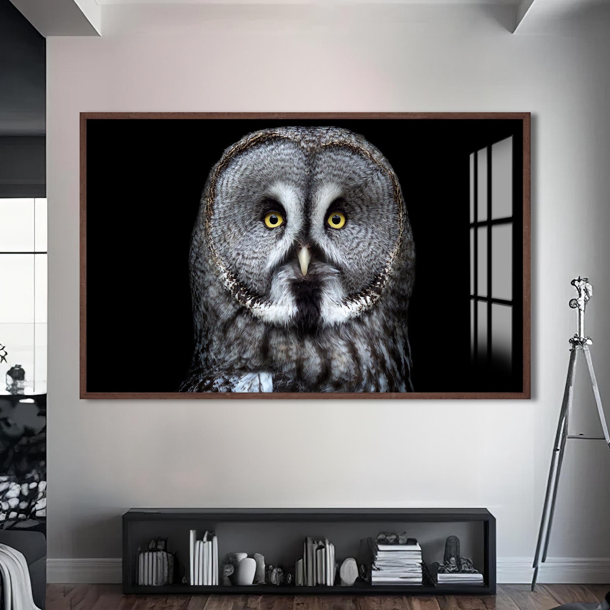 Artronauts Glass Print S | 72x46 cm | 28.3"x18.1" / Walnut Grey Owl Close-Up – Animal Tempered Glass Wall Art