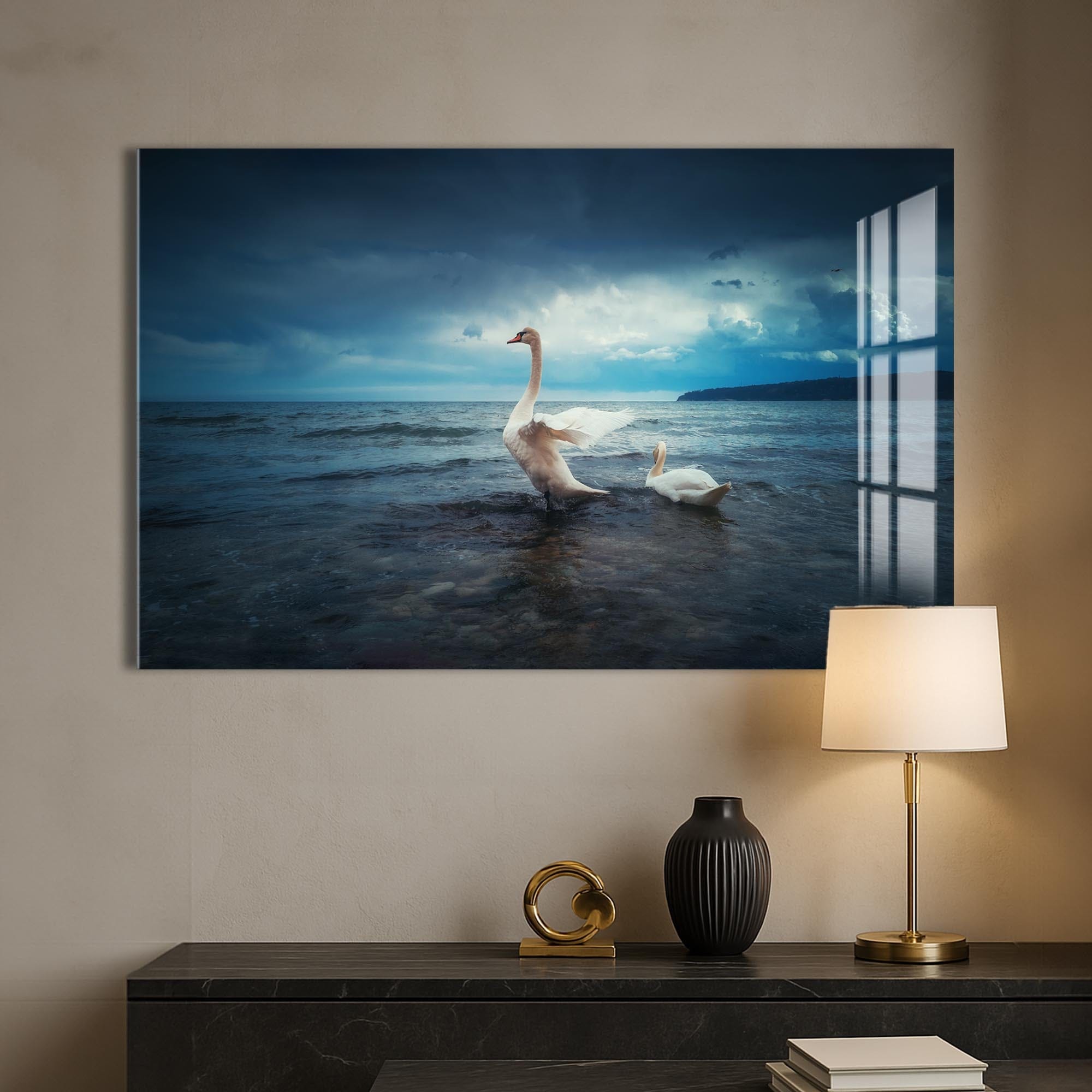 Artronauts Glass Print Swans at the Shoreline – Animal Tempered Glass Wall Art