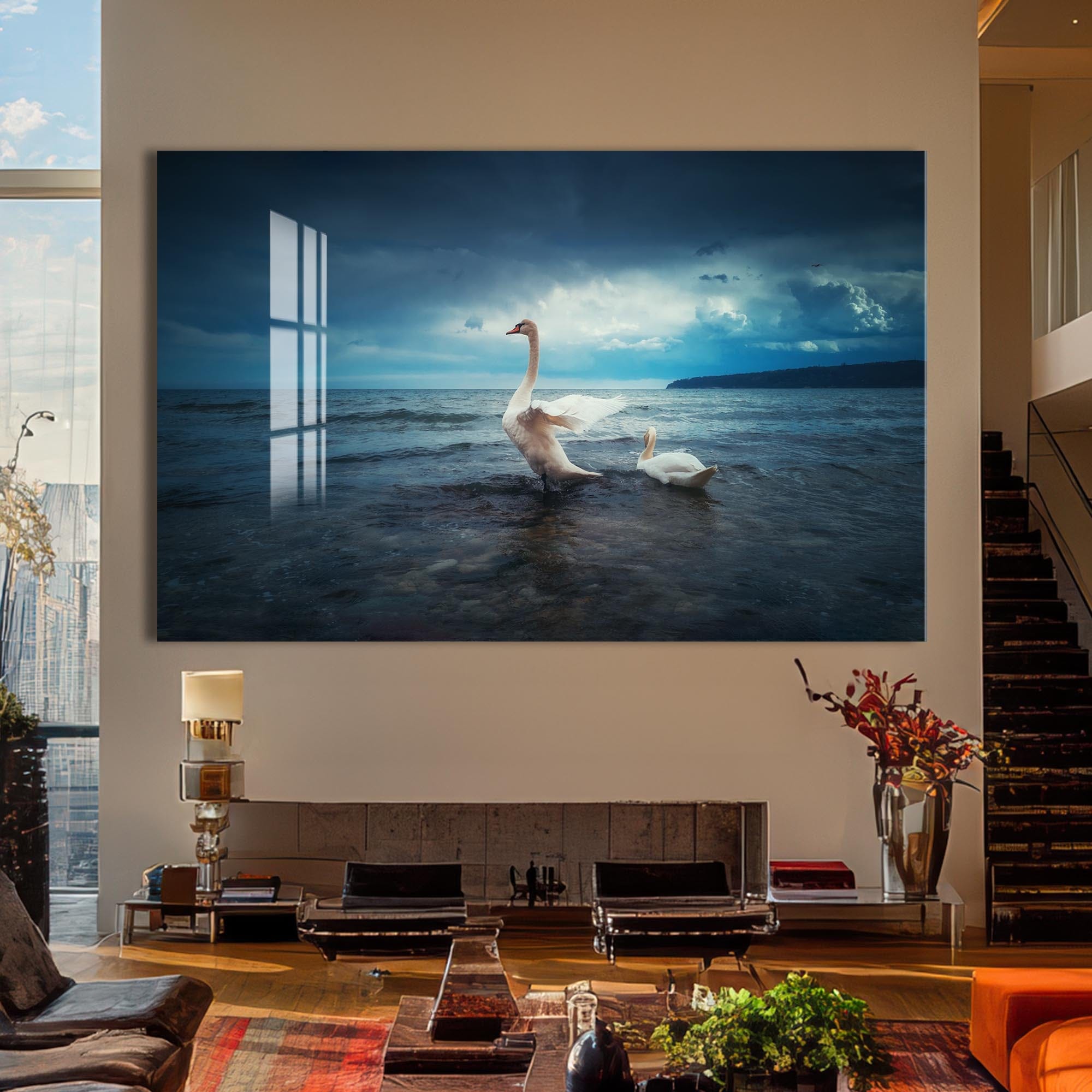 Artronauts Glass Print Swans at the Shoreline – Animal Tempered Glass Wall Art