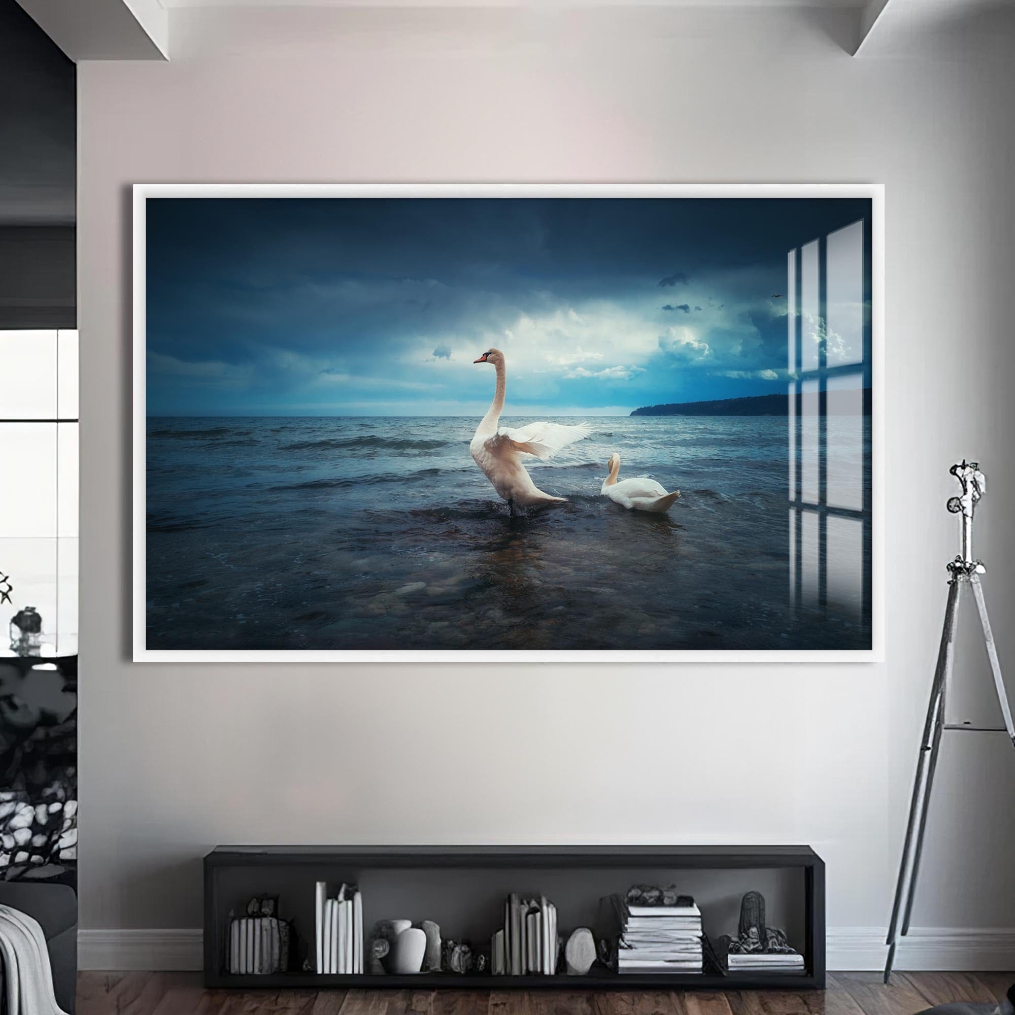 Artronauts Glass Print S | 72x46 cm | 28.3"x18.1" / White Swans at the Shoreline – Animal Tempered Glass Wall Art