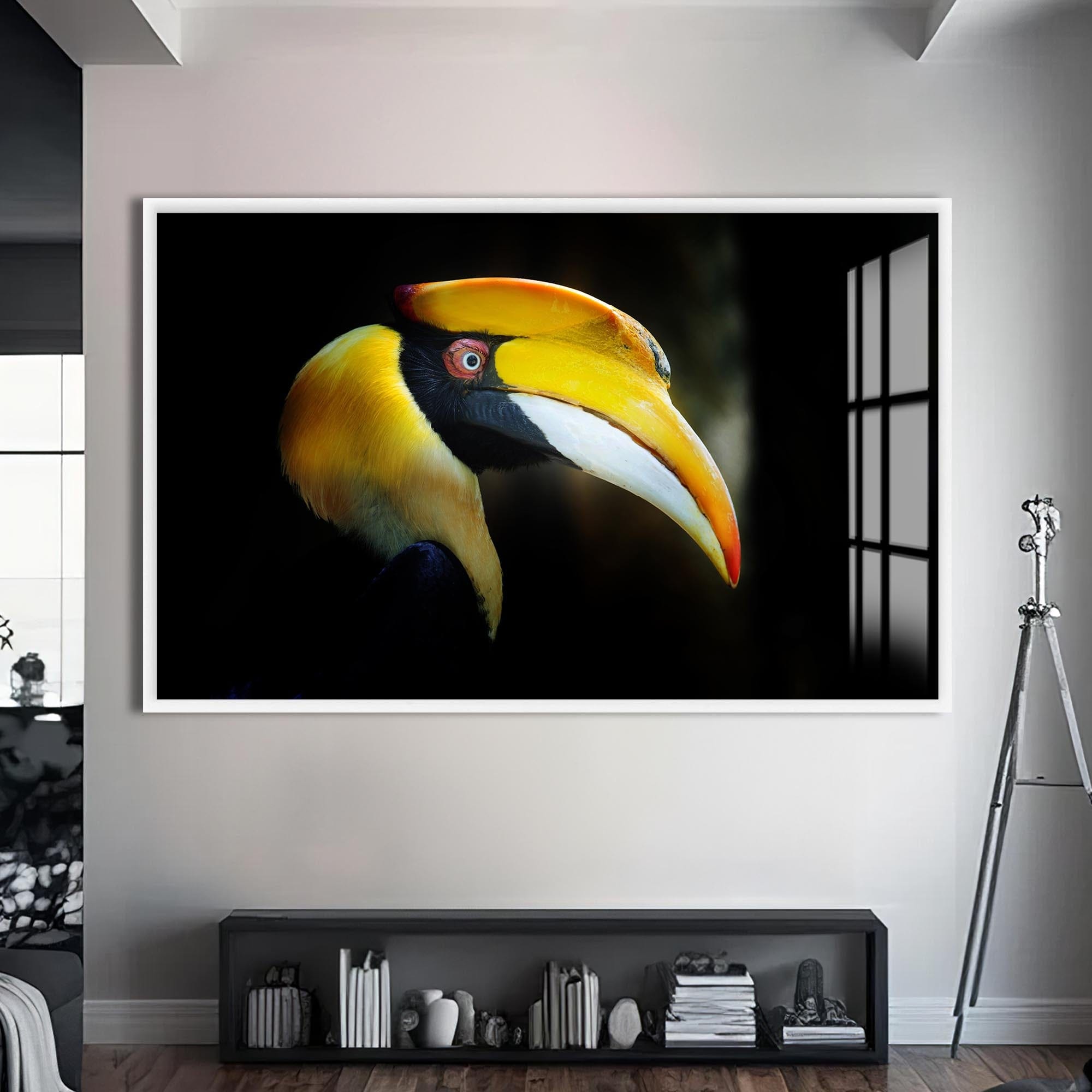Artronauts Glass Print S | 72x46 cm | 28.3"x18.1" / White Yellow Hornbill Portrait – Animal Tempered Glass Wall Art