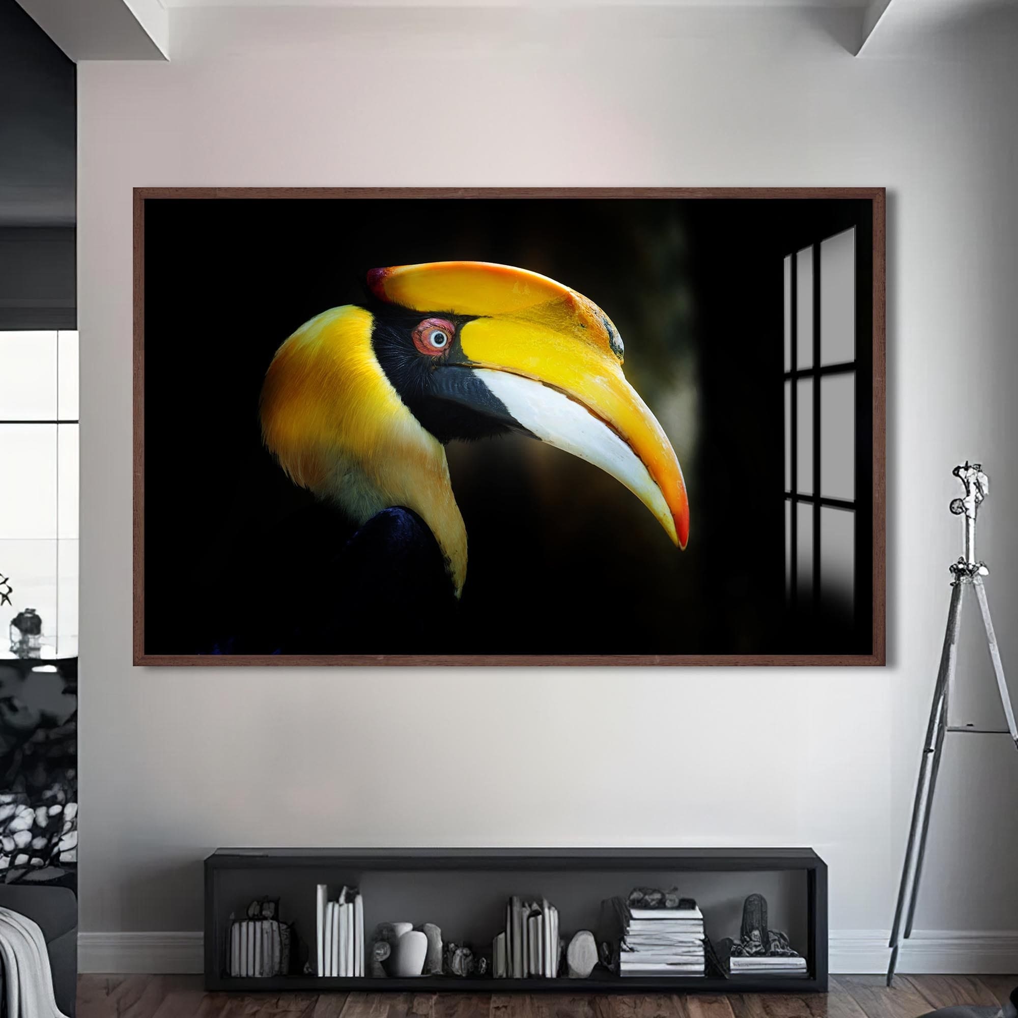Artronauts Glass Print S | 72x46 cm | 28.3"x18.1" / Walnut Yellow Hornbill Portrait – Animal Tempered Glass Wall Art