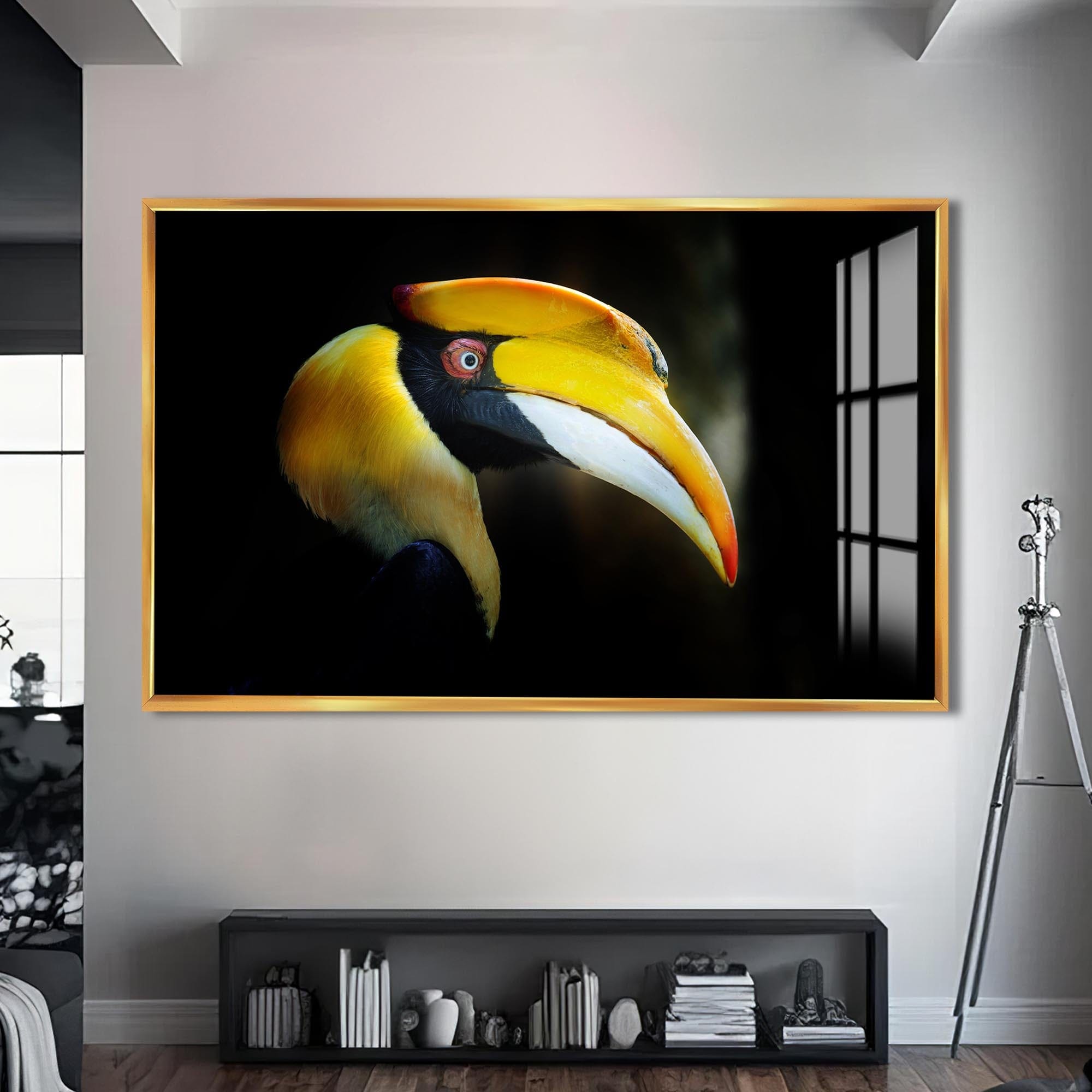 Artronauts Glass Print S | 72x46 cm | 28.3"x18.1" / Gold Yellow Hornbill Portrait – Animal Tempered Glass Wall Art