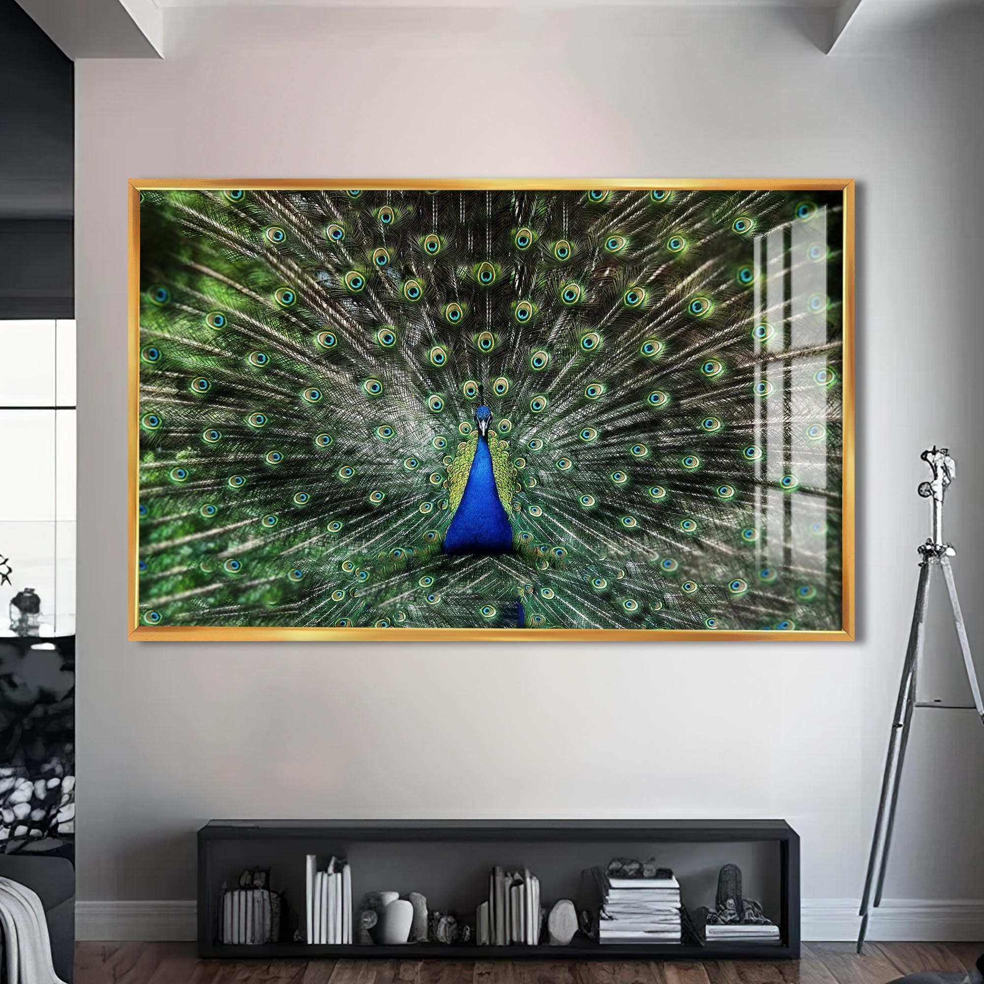 Artronauts Glass Print S | 72x46 cm | 28.3"x18.1" / Gold Peacock Feathers Spread – Animal Tempered Glass Wall Art