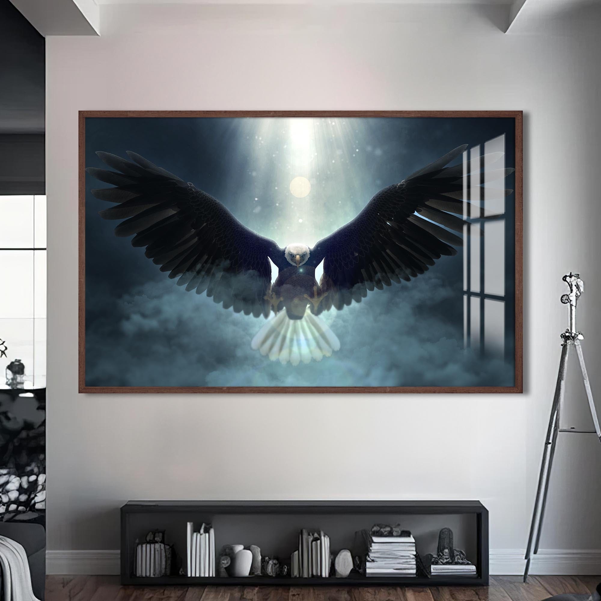 Artronauts Glass Print S | 72x46 cm | 28.3"x18.1" / Walnut Eagle in Divine Light – Animal Tempered Glass Wall Art