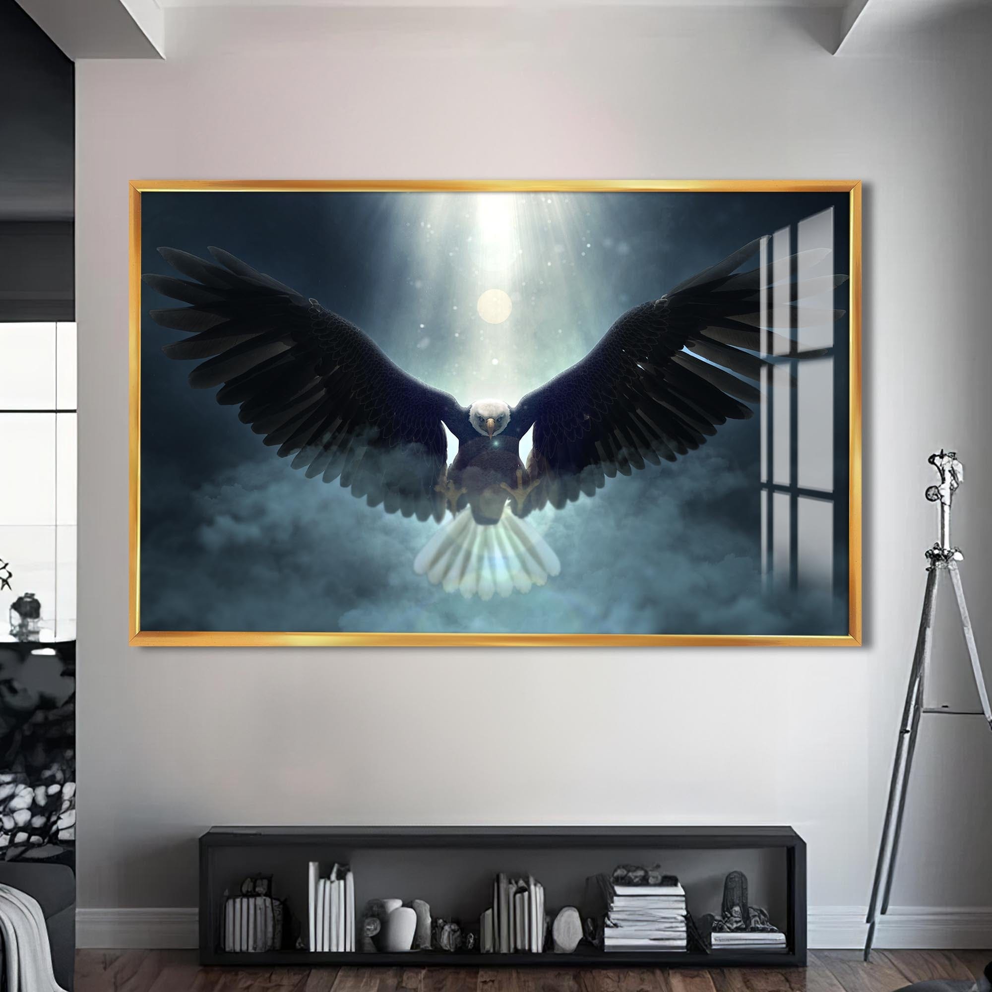 Artronauts Glass Print S | 72x46 cm | 28.3"x18.1" / Gold Eagle in Divine Light – Animal Tempered Glass Wall Art