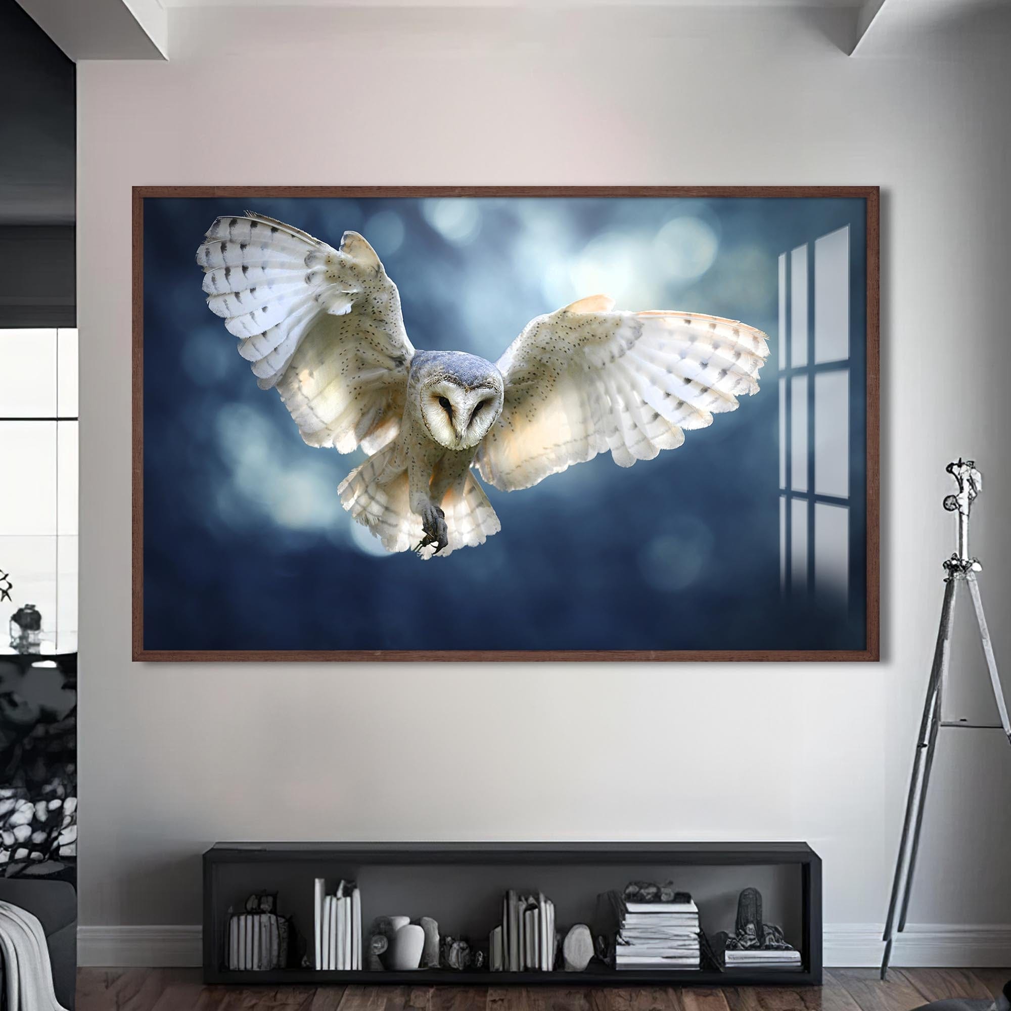 Artronauts Glass Print S | 72x46 cm | 28.3"x18.1" / Walnut Glowing Barn Owl – Animal Tempered Glass Wall Art