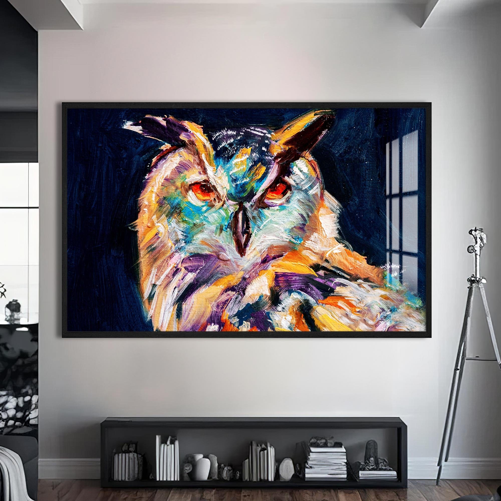 Artronauts Glass Print S | 72x46 cm | 28.3"x18.1" / Black Vivid Owl Expression – Animal Tempered Glass Wall Art