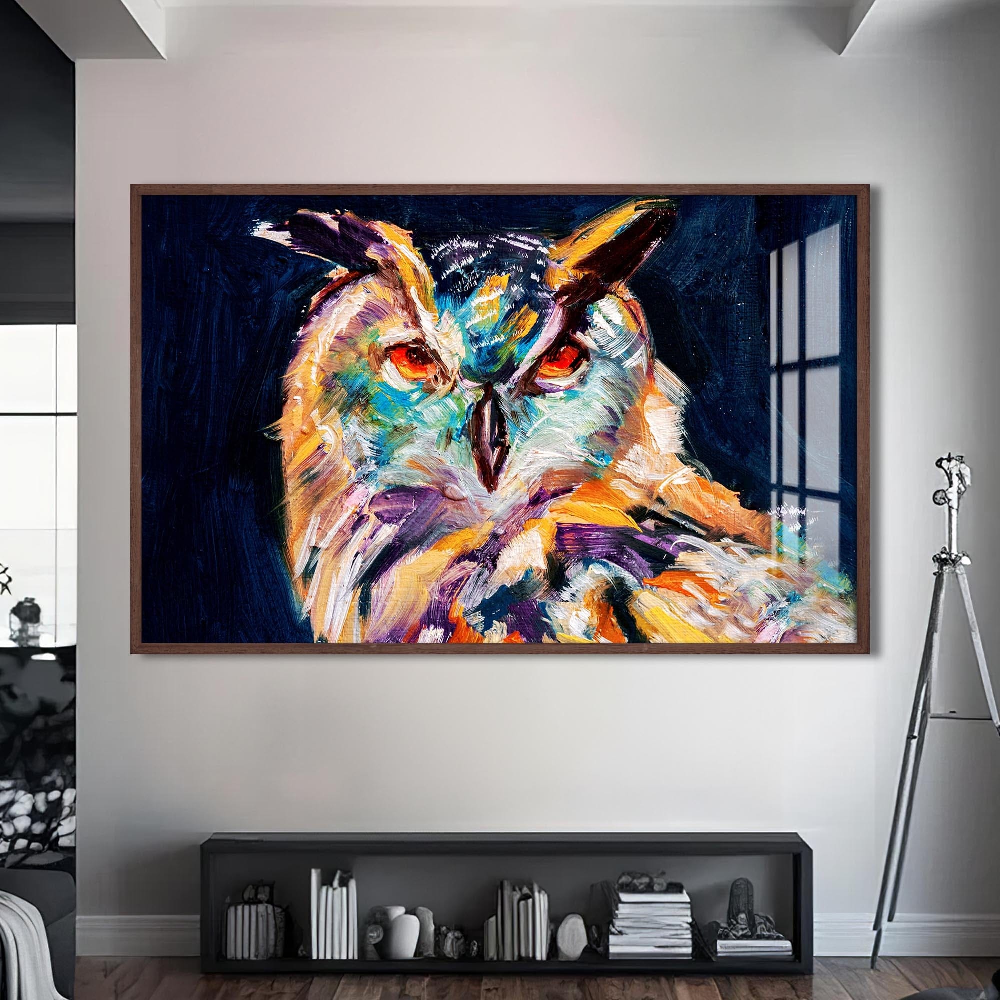 Artronauts Glass Print S | 72x46 cm | 28.3"x18.1" / Walnut Vivid Owl Expression – Animal Tempered Glass Wall Art