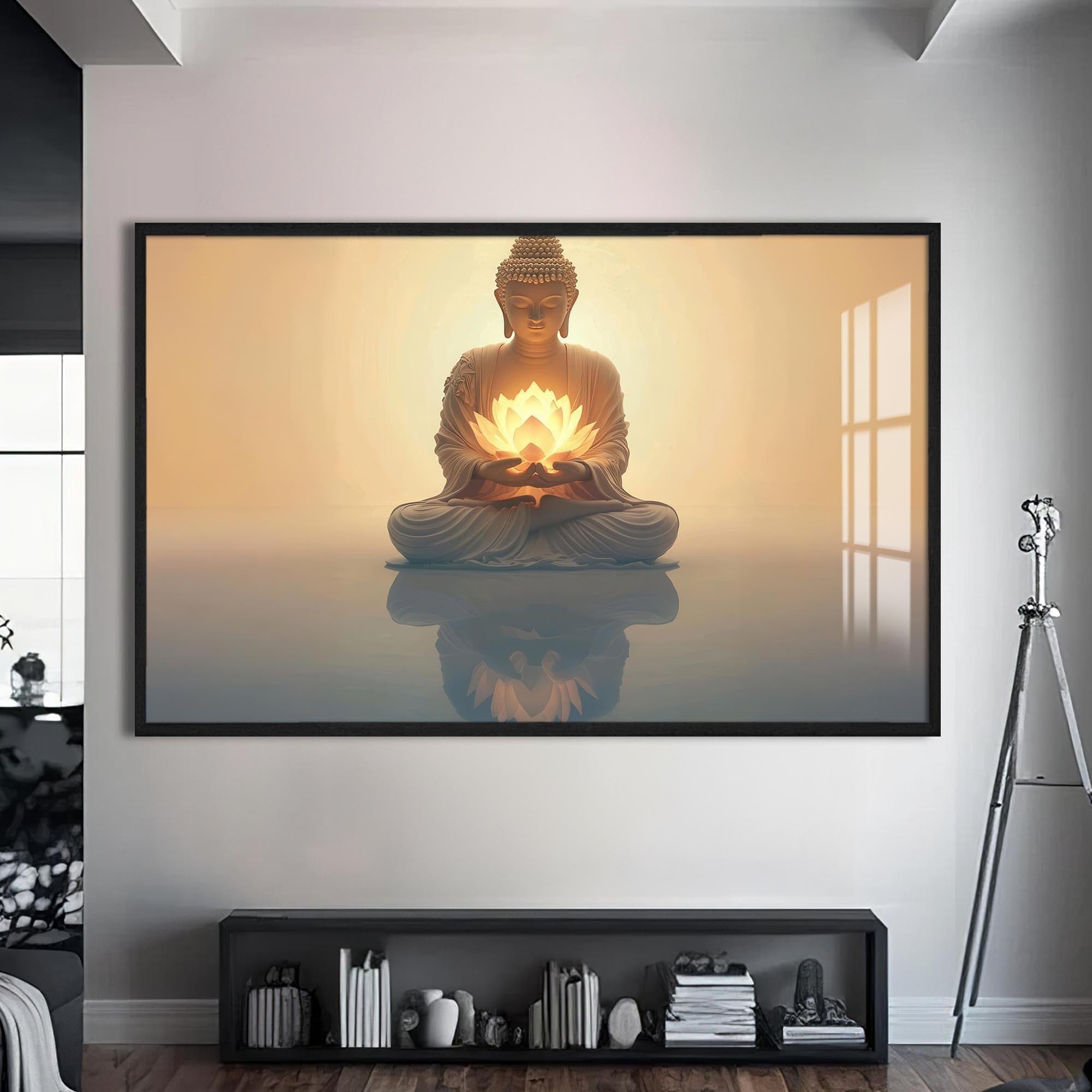 Artronauts Glass Print S | 72x46 cm | 28.3"x18.1" / Black Lotus Reflection- Buddhism Tempered Glass Wall Art