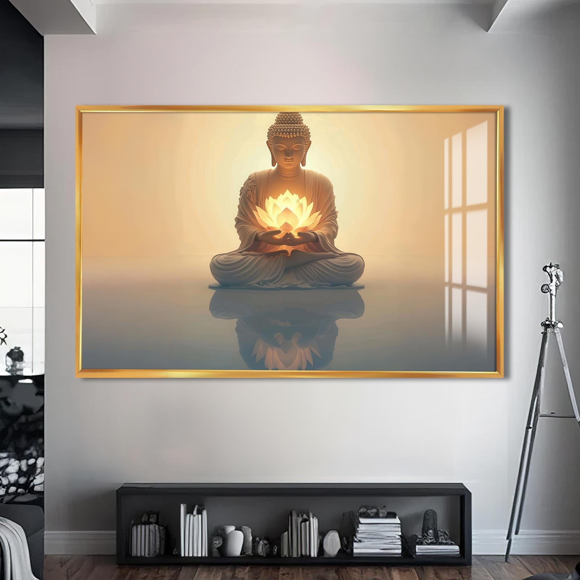 Artronauts Glass Print S | 72x46 cm | 28.3"x18.1" / Gold Lotus Reflection- Buddhism Tempered Glass Wall Art