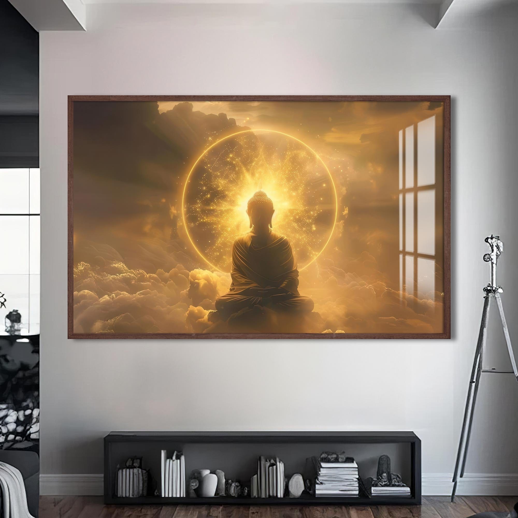Artronauts Glass Print S | 72x46 cm | 28.3"x18.1" / Walnut Golden Awakening- Buddhism Tempered Glass Wall Art