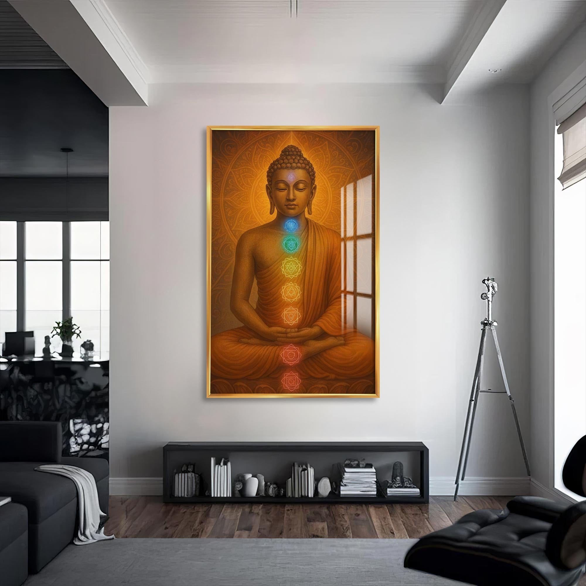 Artronauts Glass Print S | 72x46 cm | 28.3"x18.1" / Gold Inner Chakras- Buddhism Tempered Glass Wall Art