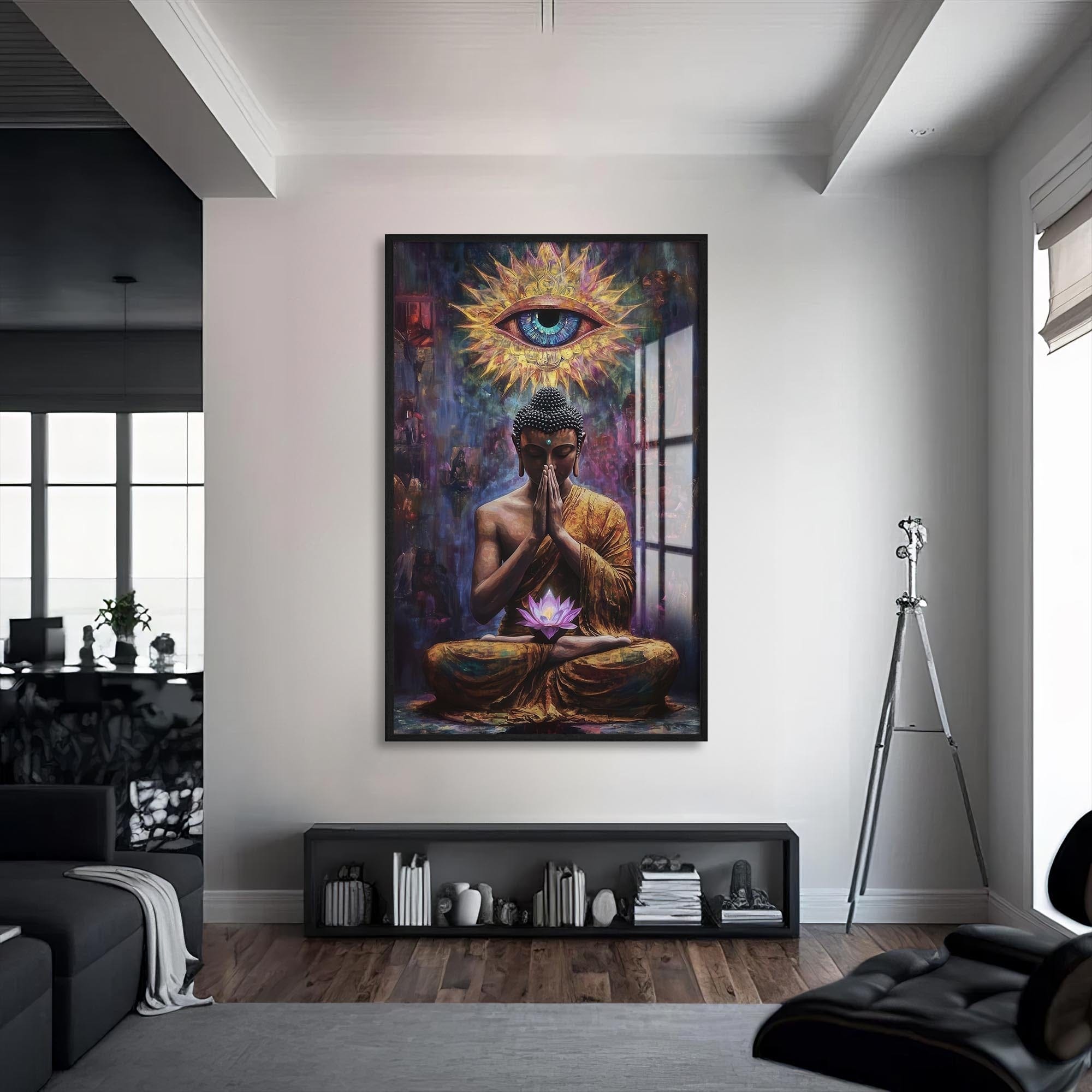 Artronauts Glass Print S | 72x46 cm | 28.3"x18.1" / Black Lotus Prayer- Buddhism Tempered Glass Wall Art