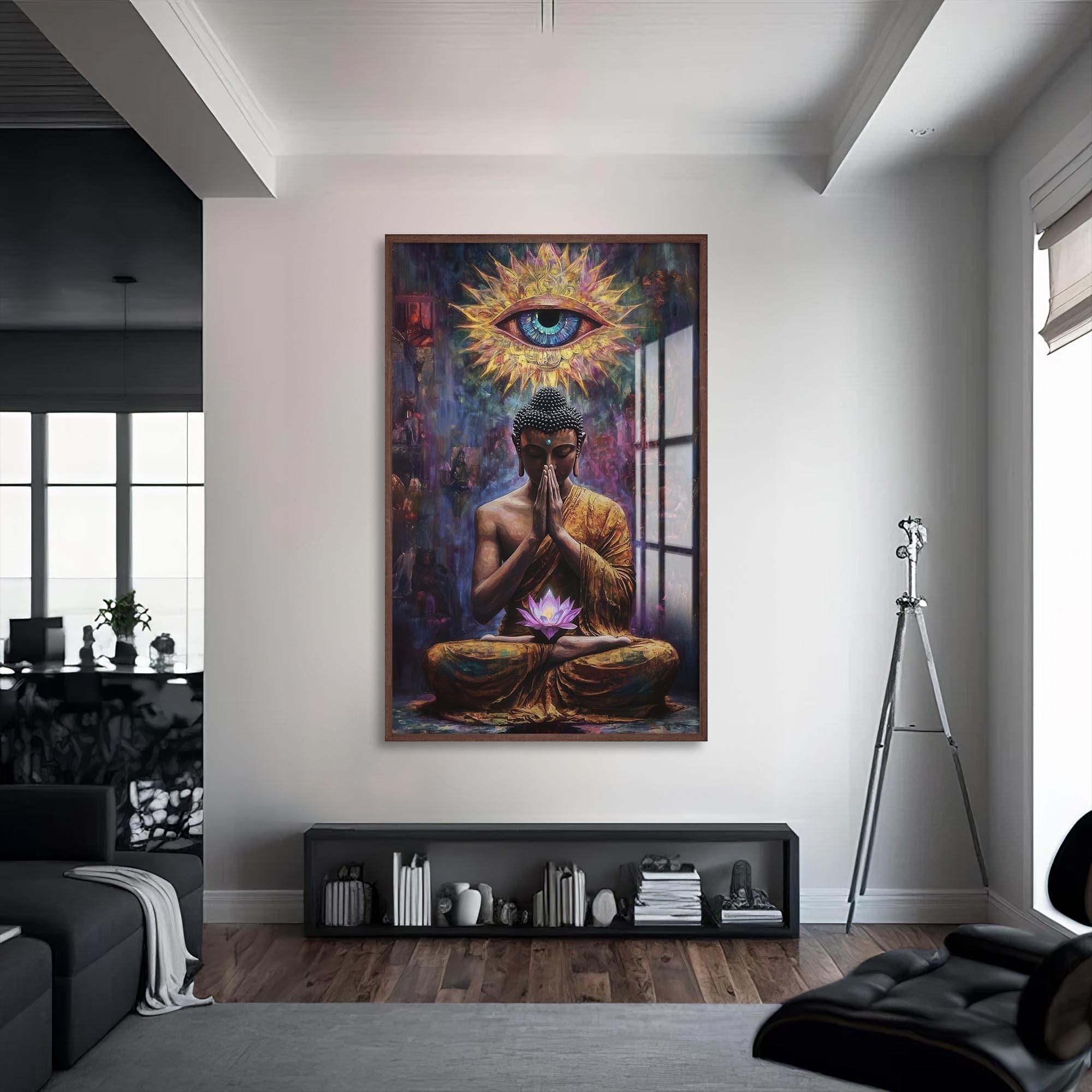 Artronauts Glass Print S | 72x46 cm | 28.3"x18.1" / Walnut Lotus Prayer- Buddhism Tempered Glass Wall Art