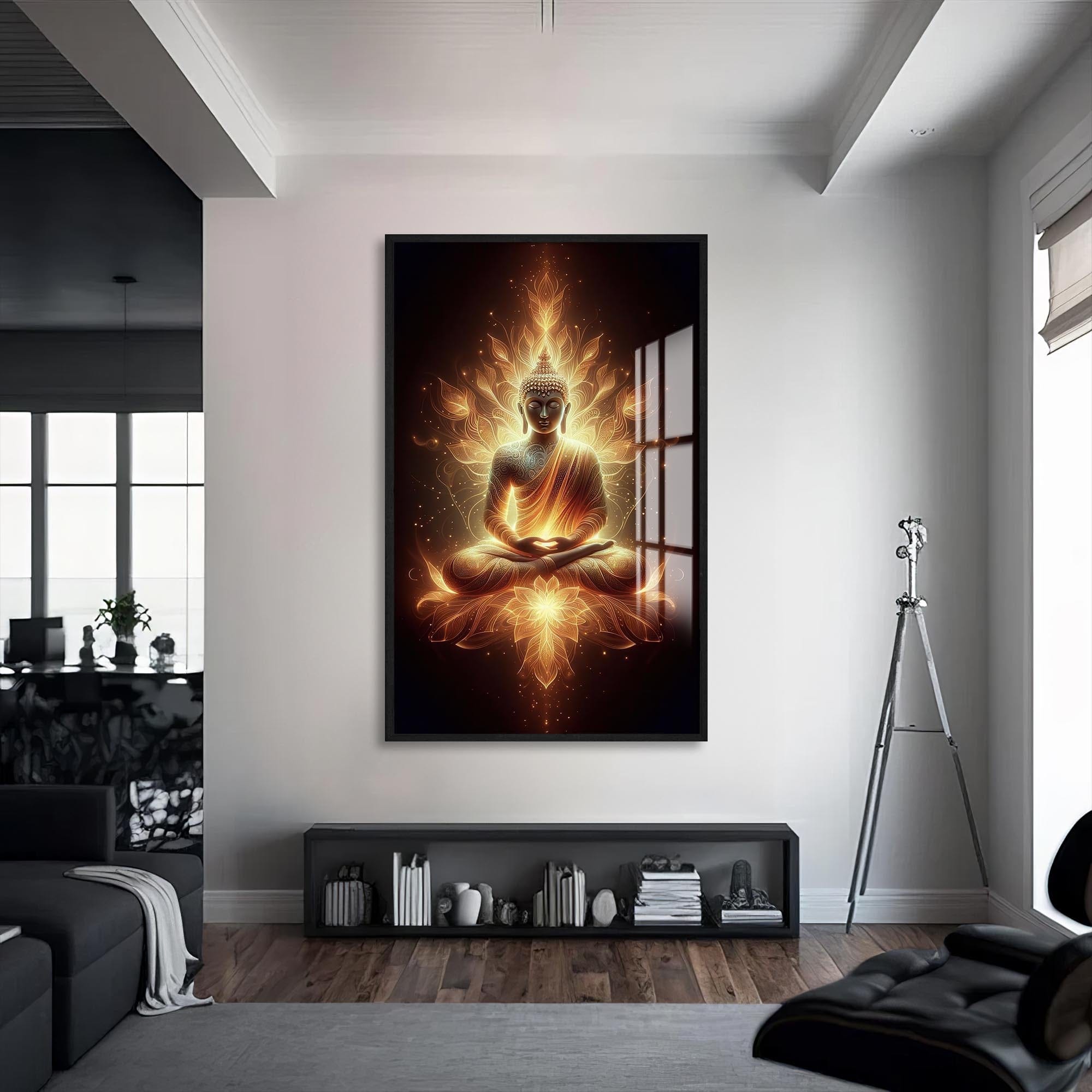 Artronauts Glass Print S | 72x46 cm | 28.3"x18.1" / Black Lotus of Enlightenment- Buddhism Tempered Glass Wall Art