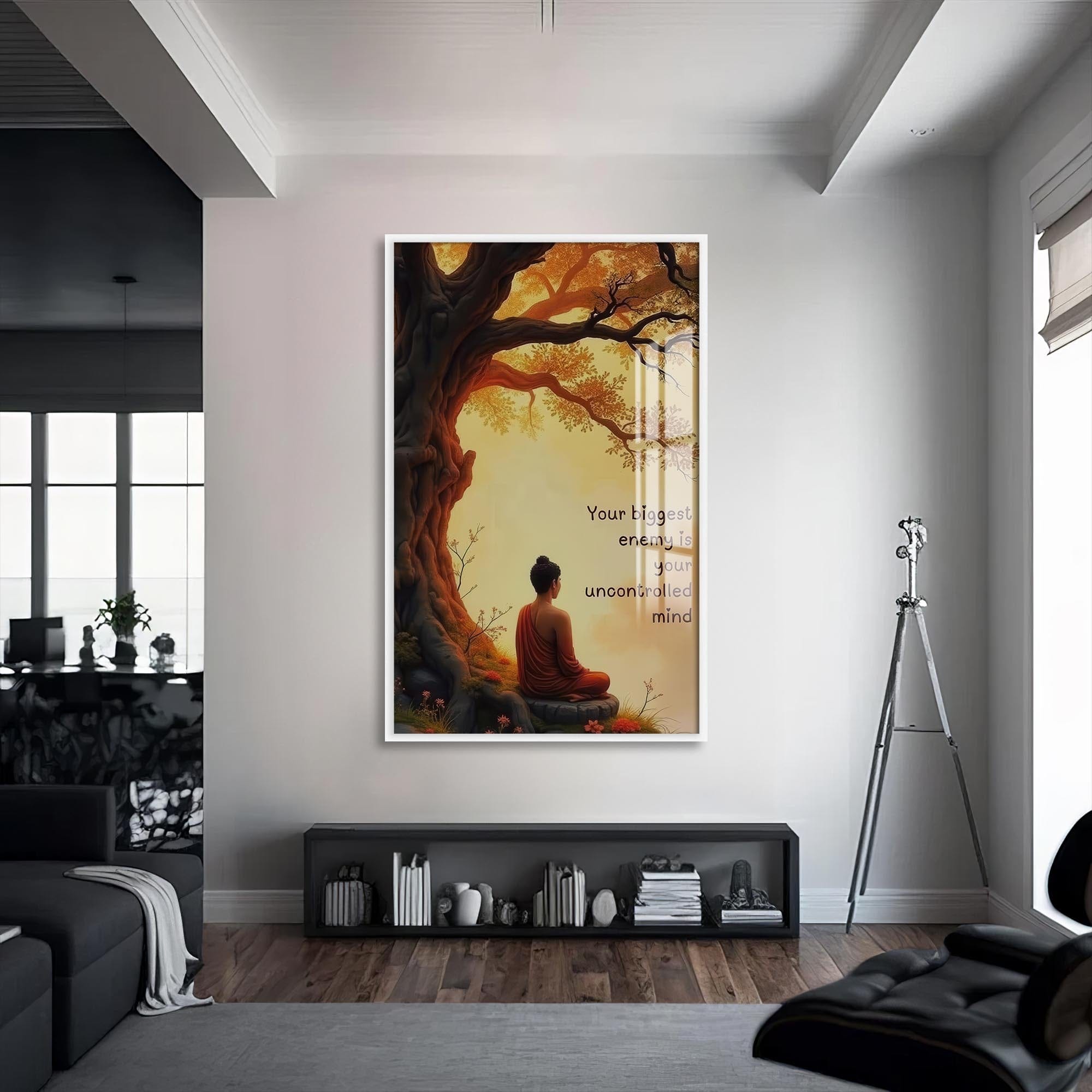 Artronauts Glass Print S | 72x46 cm | 28.3"x18.1" / White Uncontrolled Mind- Buddhism Tempered Glass Wall Art