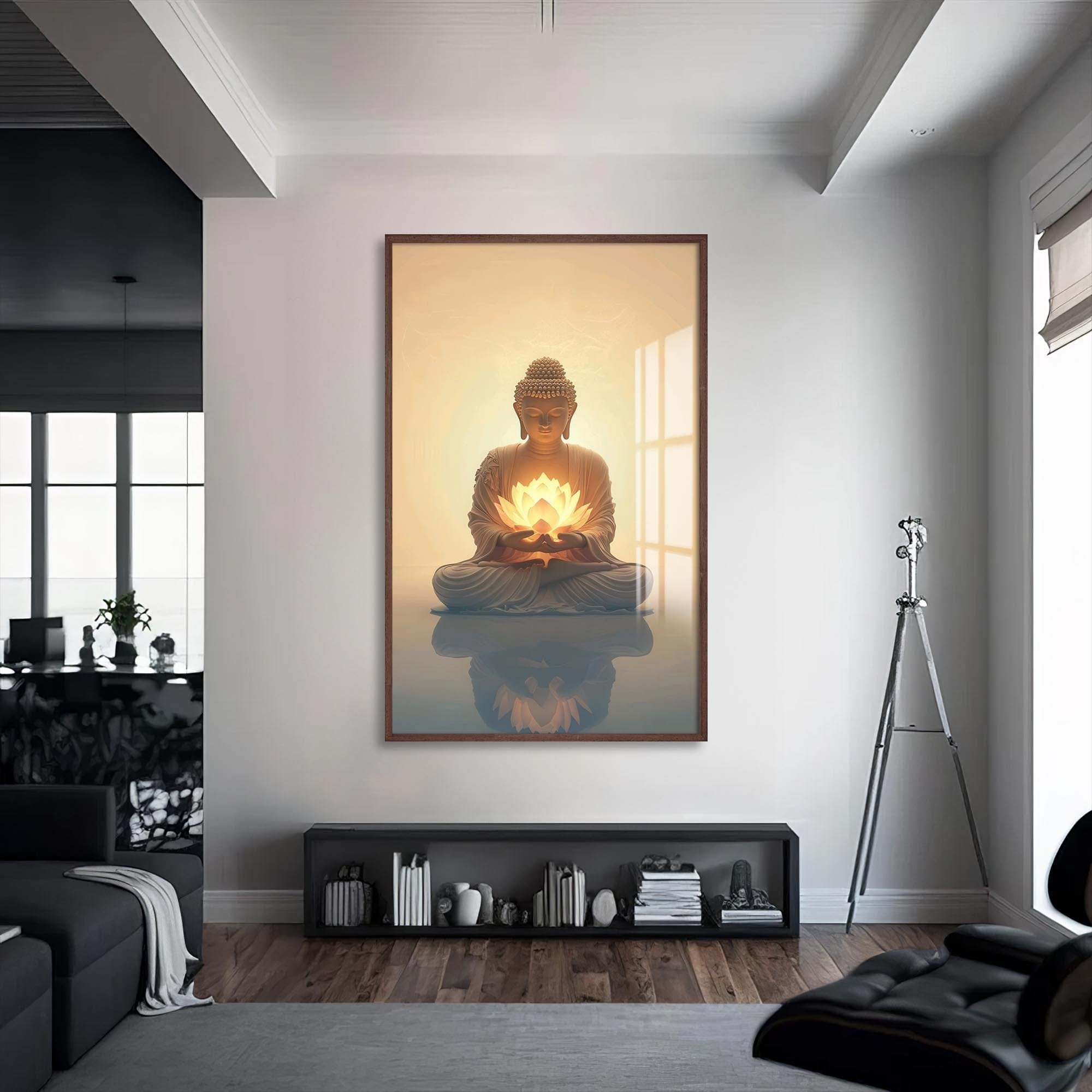Artronauts Glass Print S | 72x46 cm | 28.3"x18.1" / Walnut Golden Lotus Serenity- Buddhism Tempered Glass Wall Art