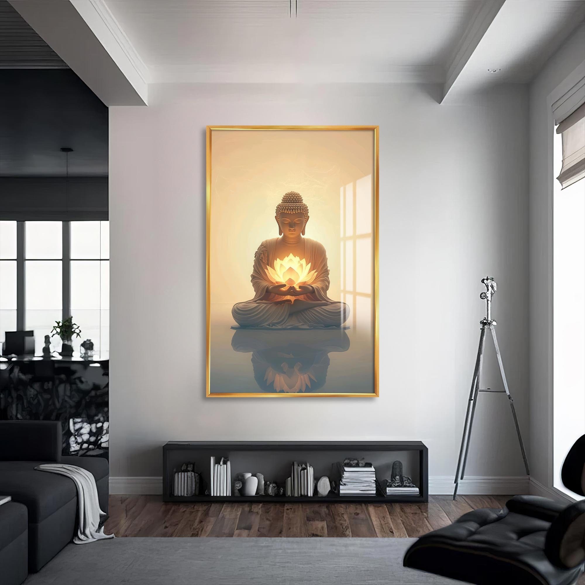 Artronauts Glass Print S | 72x46 cm | 28.3"x18.1" / Gold Golden Lotus Serenity- Buddhism Tempered Glass Wall Art