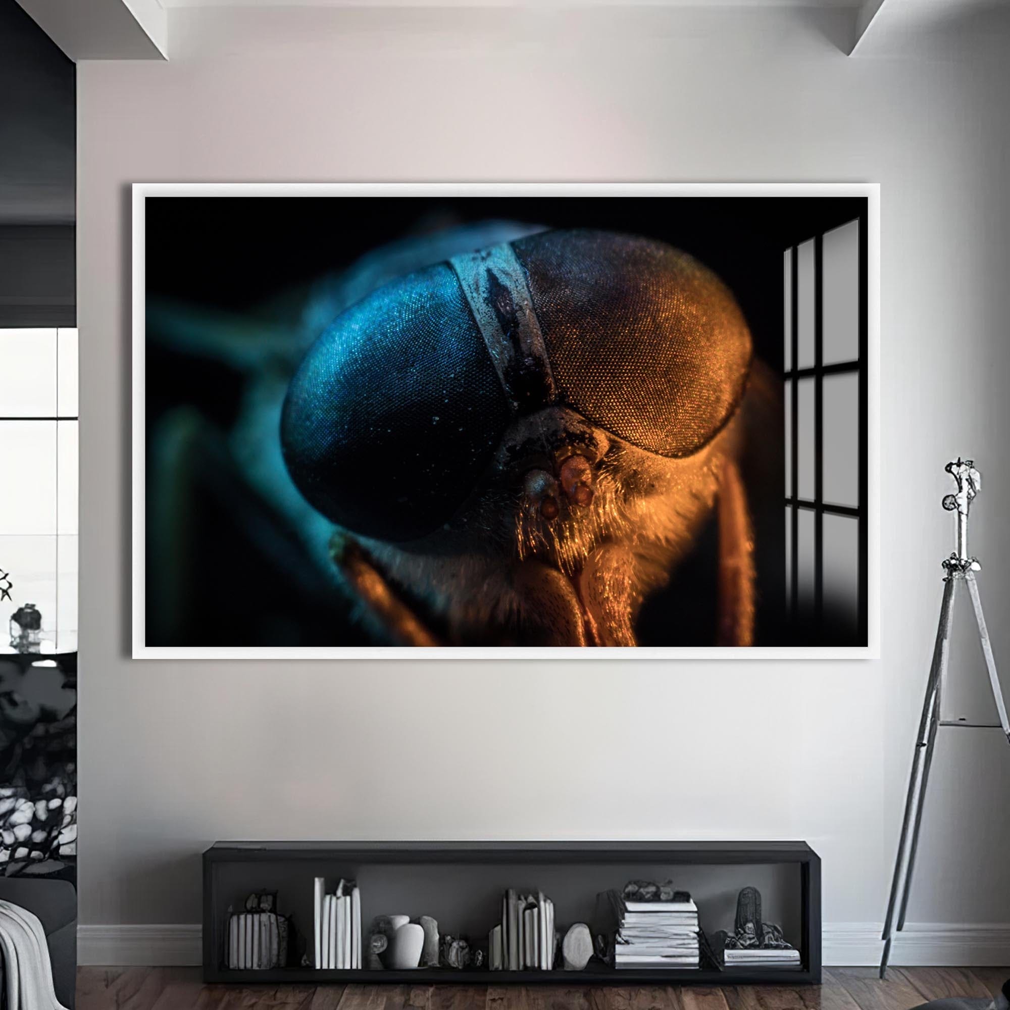 Artronauts Glass Print S | 72x46 cm | 28.3"x18.1" / White Dual-Tone Fly Close-Up – Animal Tempered Glass Wall Art