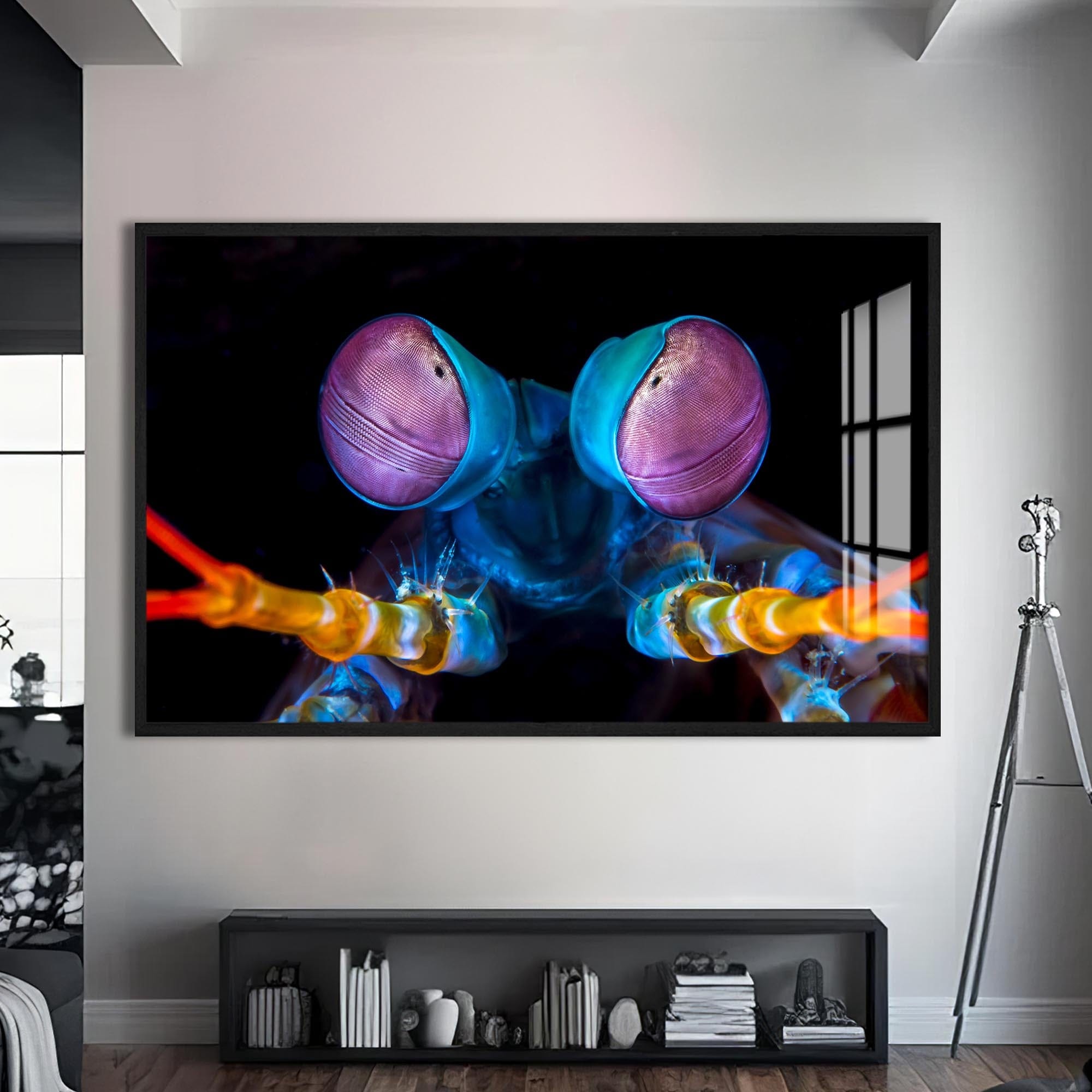 Artronauts Glass Print S | 72x46 cm | 28.3"x18.1" / Black Neon Mantis Strike – Animal Tempered Glass Wall Art