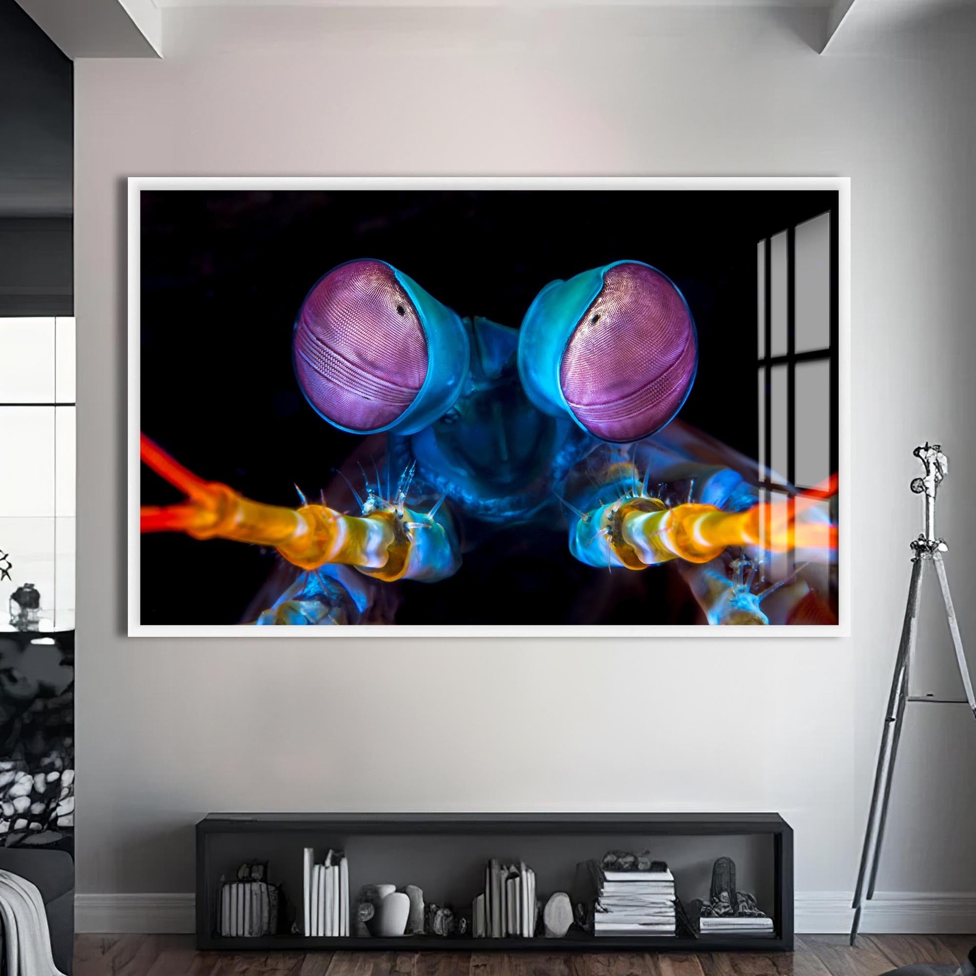 Artronauts Glass Print S | 72x46 cm | 28.3"x18.1" / White Neon Mantis Strike – Animal Tempered Glass Wall Art
