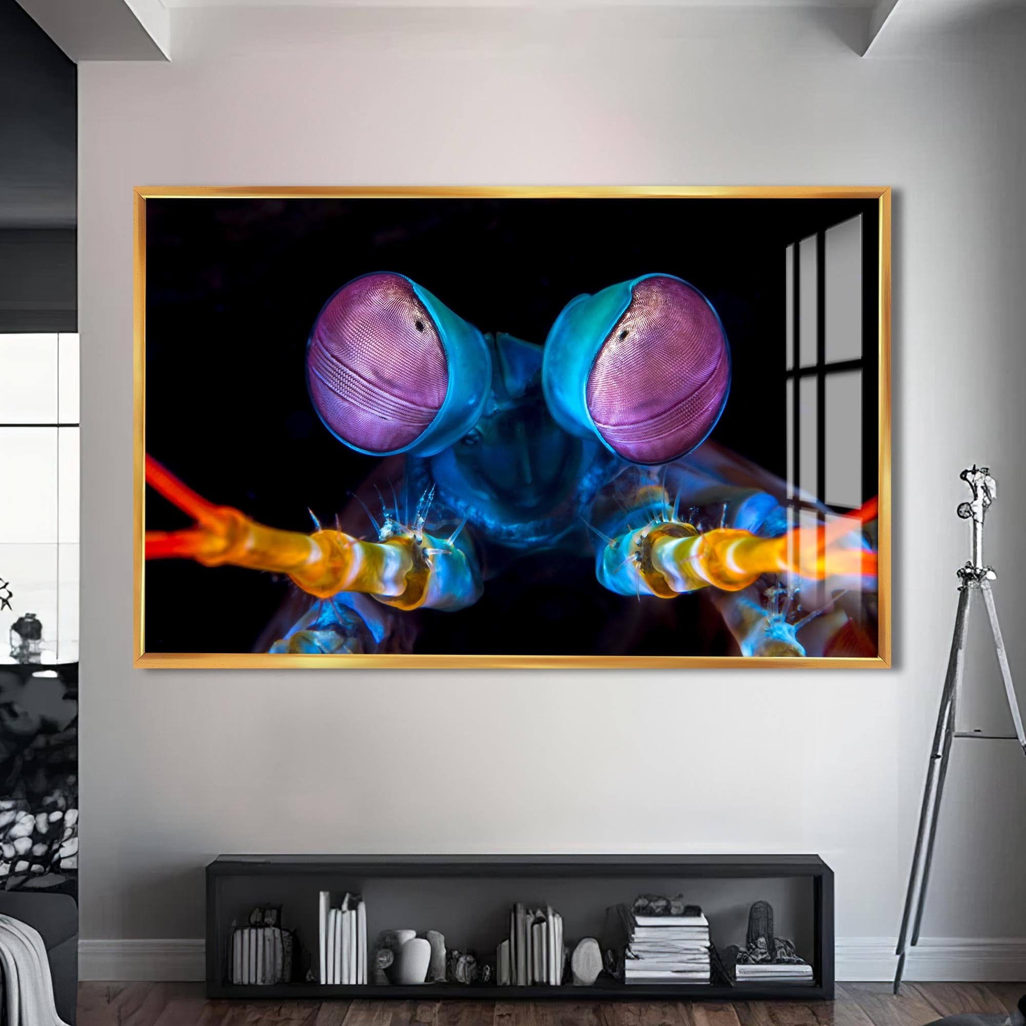 Artronauts Glass Print S | 72x46 cm | 28.3"x18.1" / Gold Neon Mantis Strike – Animal Tempered Glass Wall Art