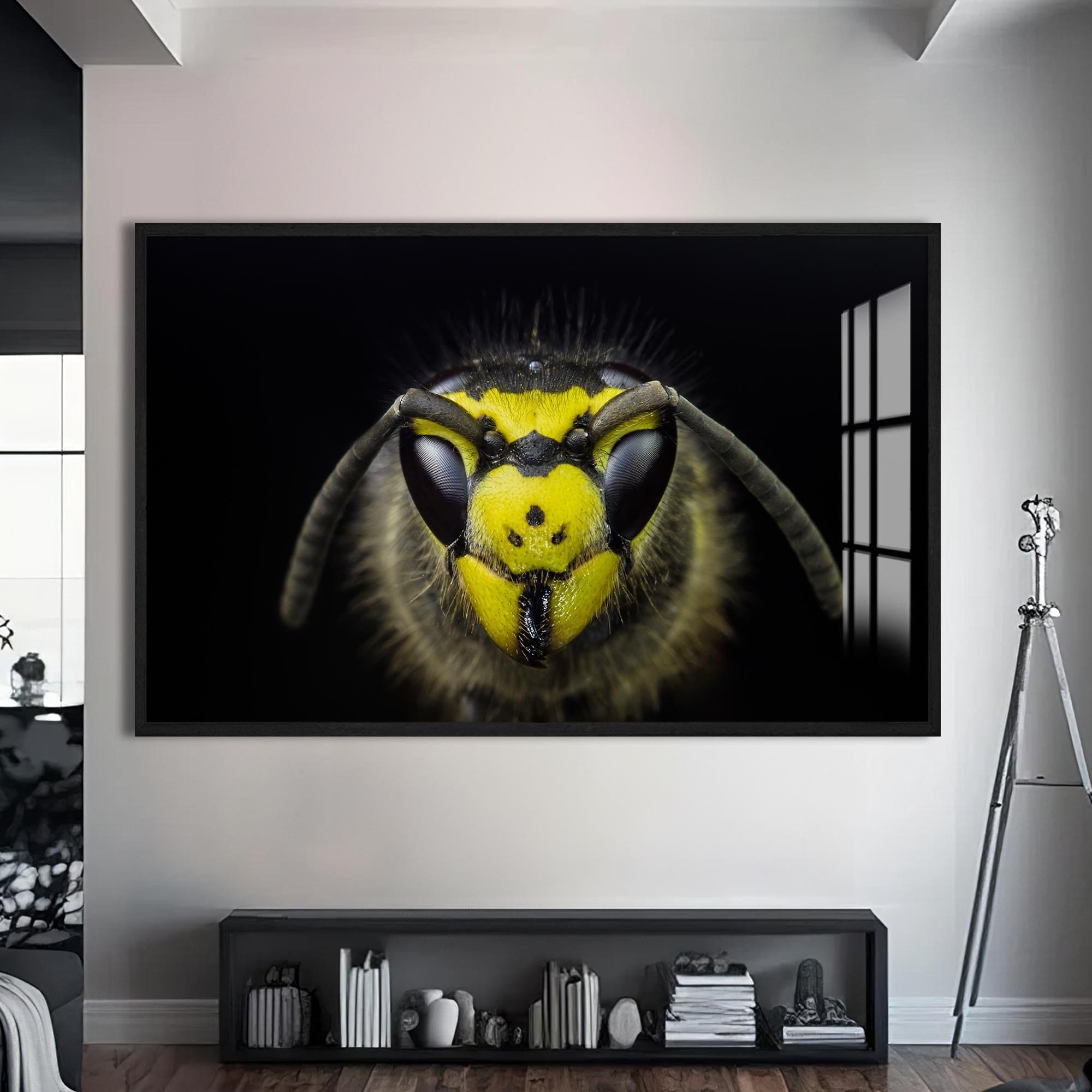 Artronauts Glass Print S | 72x46 cm | 28.3"x18.1" / Black Yellow Wasp Close-Up – Animal Tempered Glass Wall Art