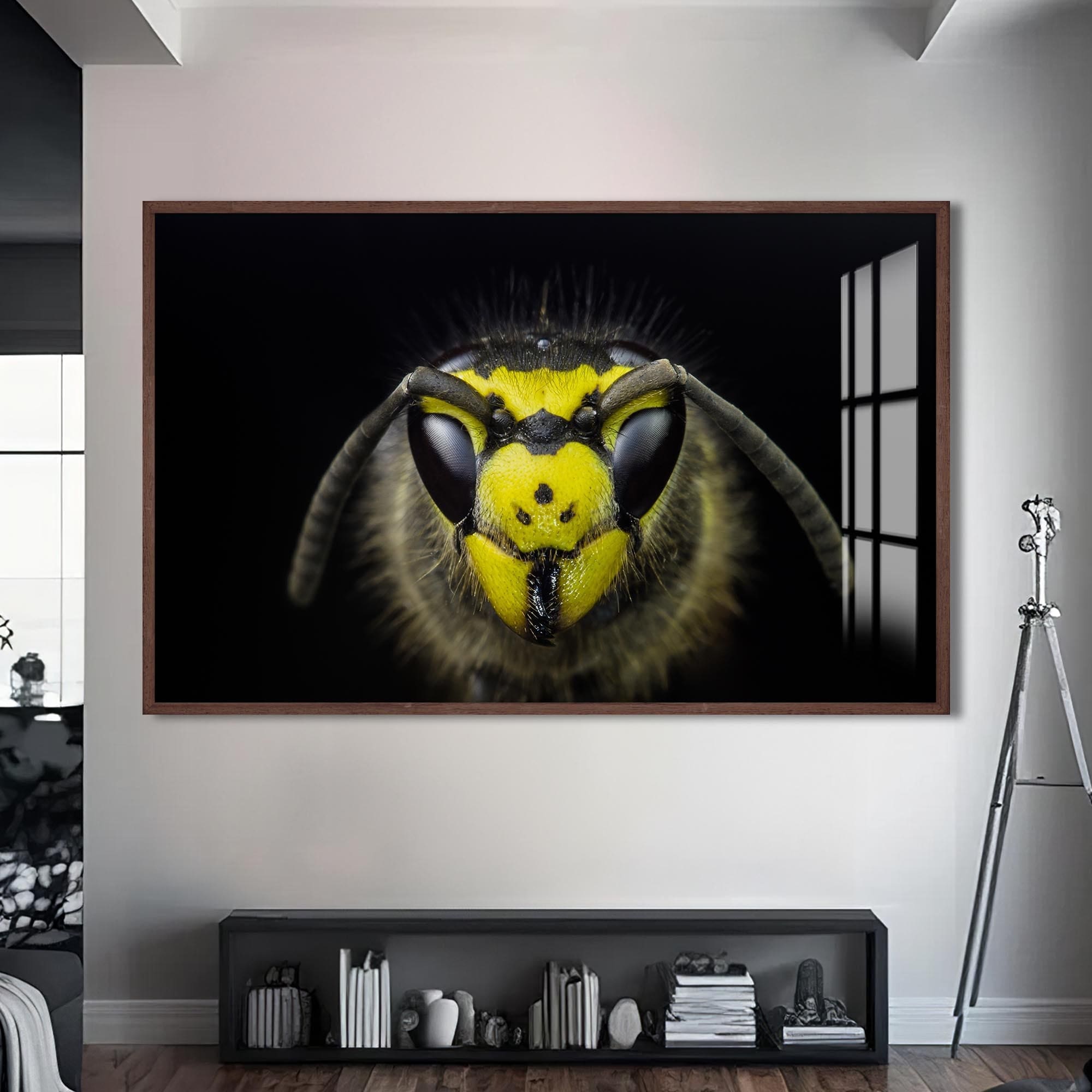 Artronauts Glass Print S | 72x46 cm | 28.3"x18.1" / Walnut Yellow Wasp Close-Up – Animal Tempered Glass Wall Art