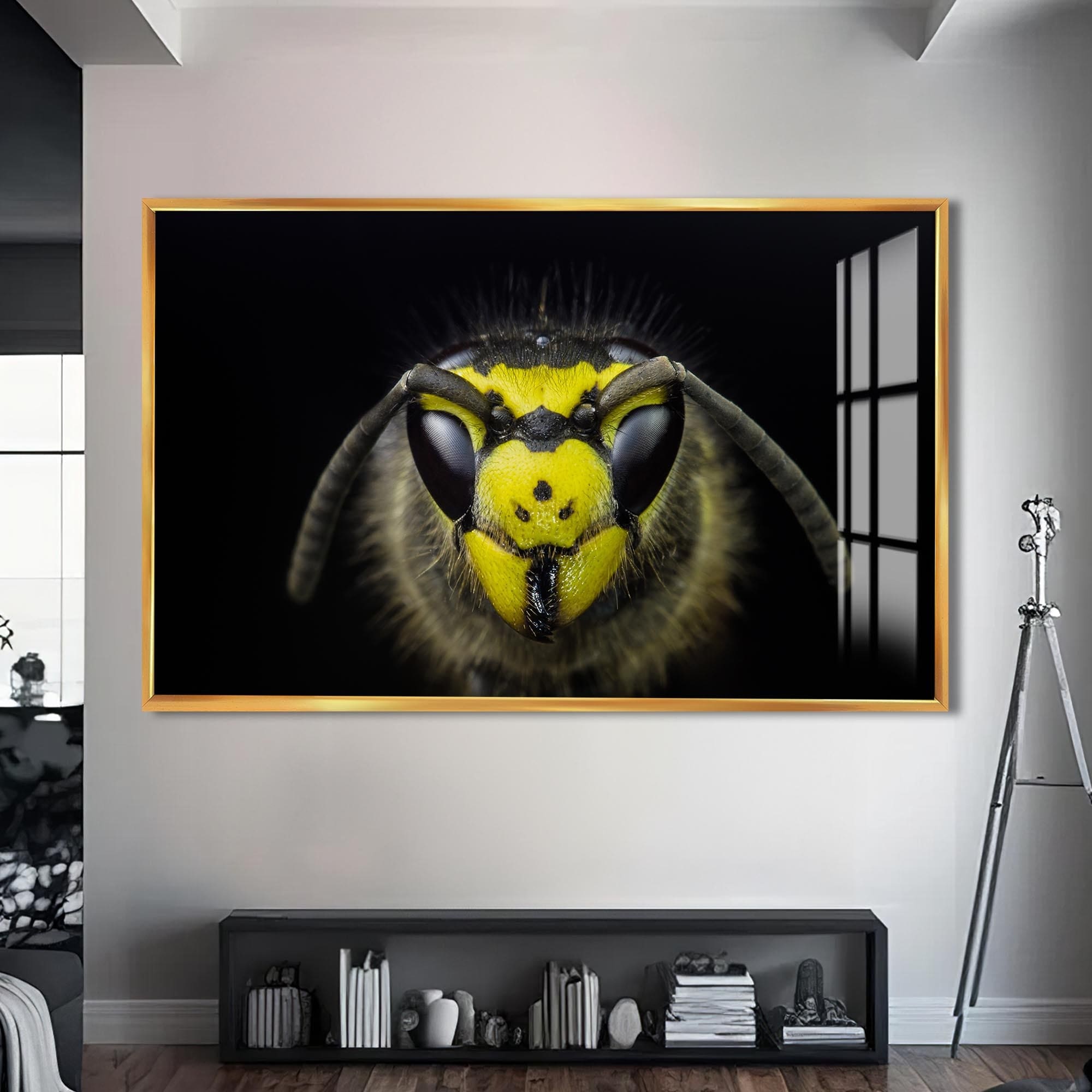 Artronauts Glass Print S | 72x46 cm | 28.3"x18.1" / Gold Yellow Wasp Close-Up – Animal Tempered Glass Wall Art