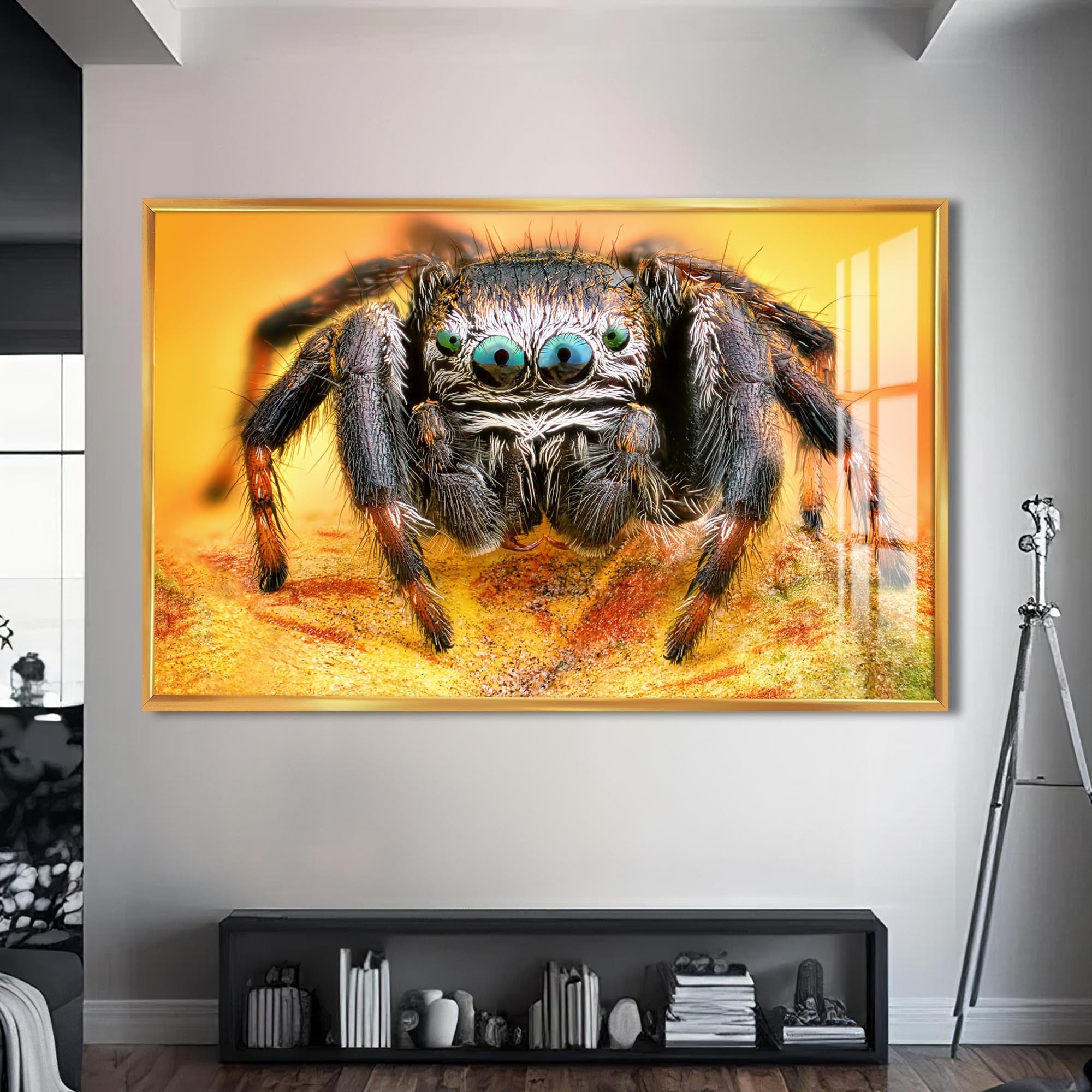 Artronauts Glass Print S | 72x46 cm | 28.3"x18.1" / Gold Vibrant Jumping Spider – Animal Tempered Glass Wall Art