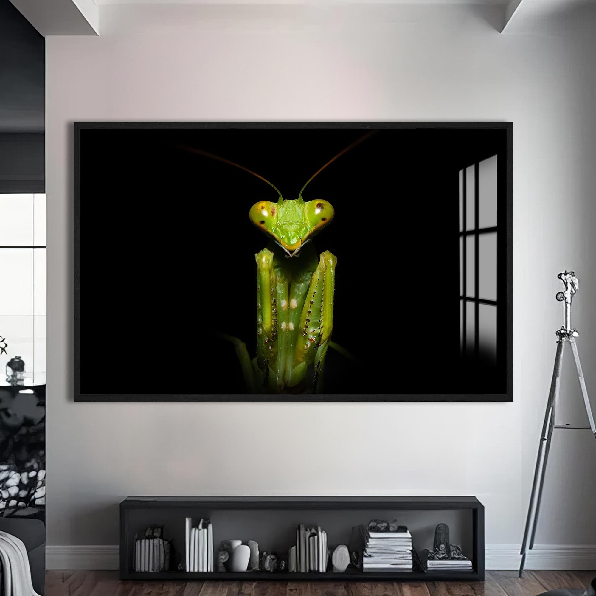 Artronauts Glass Print S | 72x46 cm | 28.3"x18.1" / Black Green Mantis Portrait – Animal Tempered Glass Wall Art